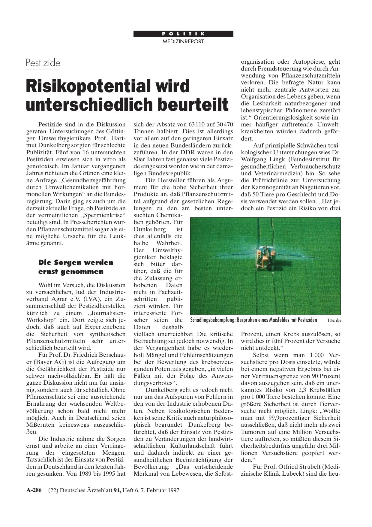 Vorschauseite 1: Pestizide: Risikopotential wird unterschiedlich beurteilt