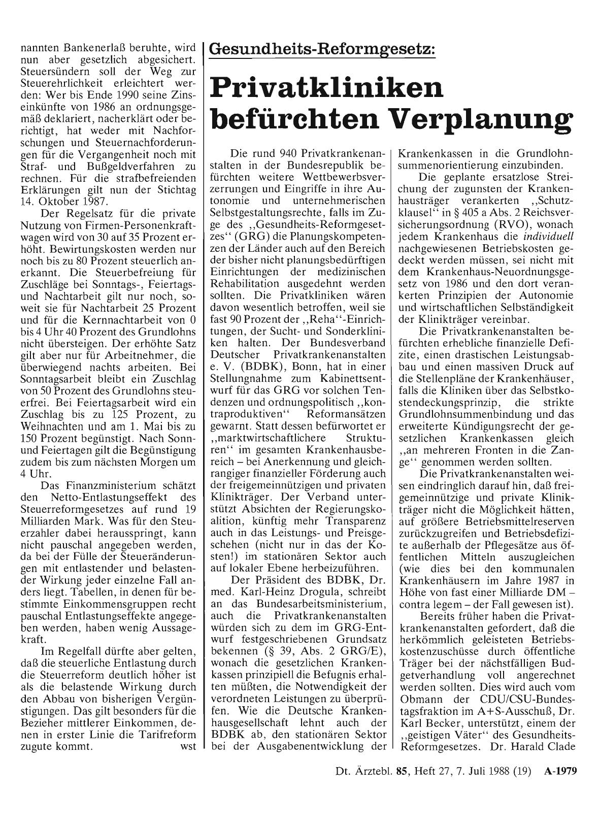 Vorschauseite 1: Gesundheits-Reformgesetz: Privatkliniken befürchten Verplanung