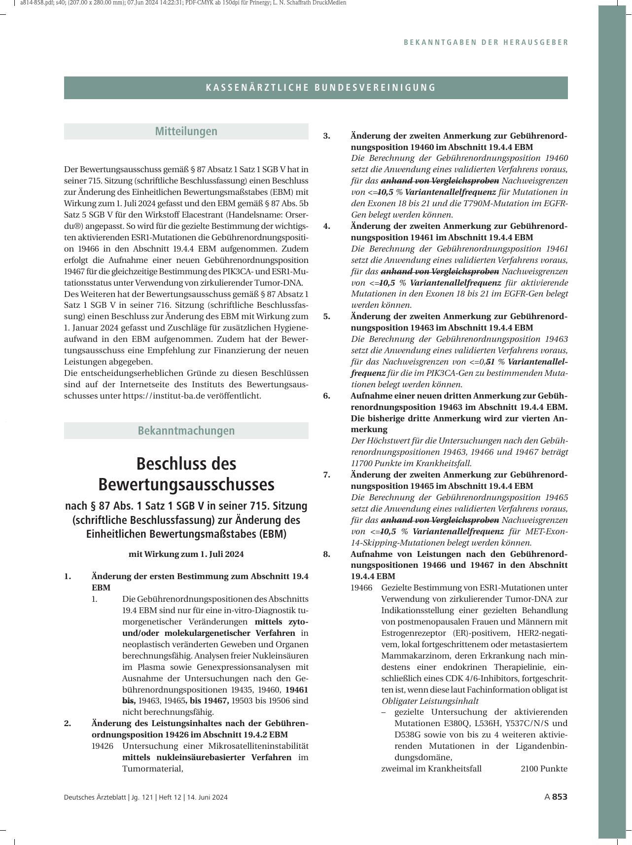 Vorschauseite 1: Beschluss des Bewertungsausschusses nach § 87 Abs. 1 Satz 1 SGB V in seiner 715. Sitzung (schriftliche Beschlussfassung)