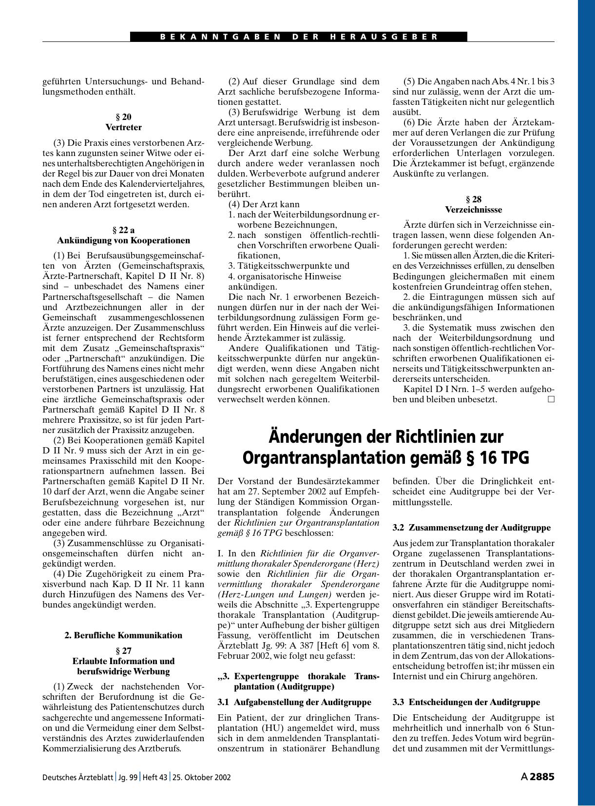 Vorschauseite 1: Änderungen der Richtlinien zur Organtransplantation gemäß § 16 TPG