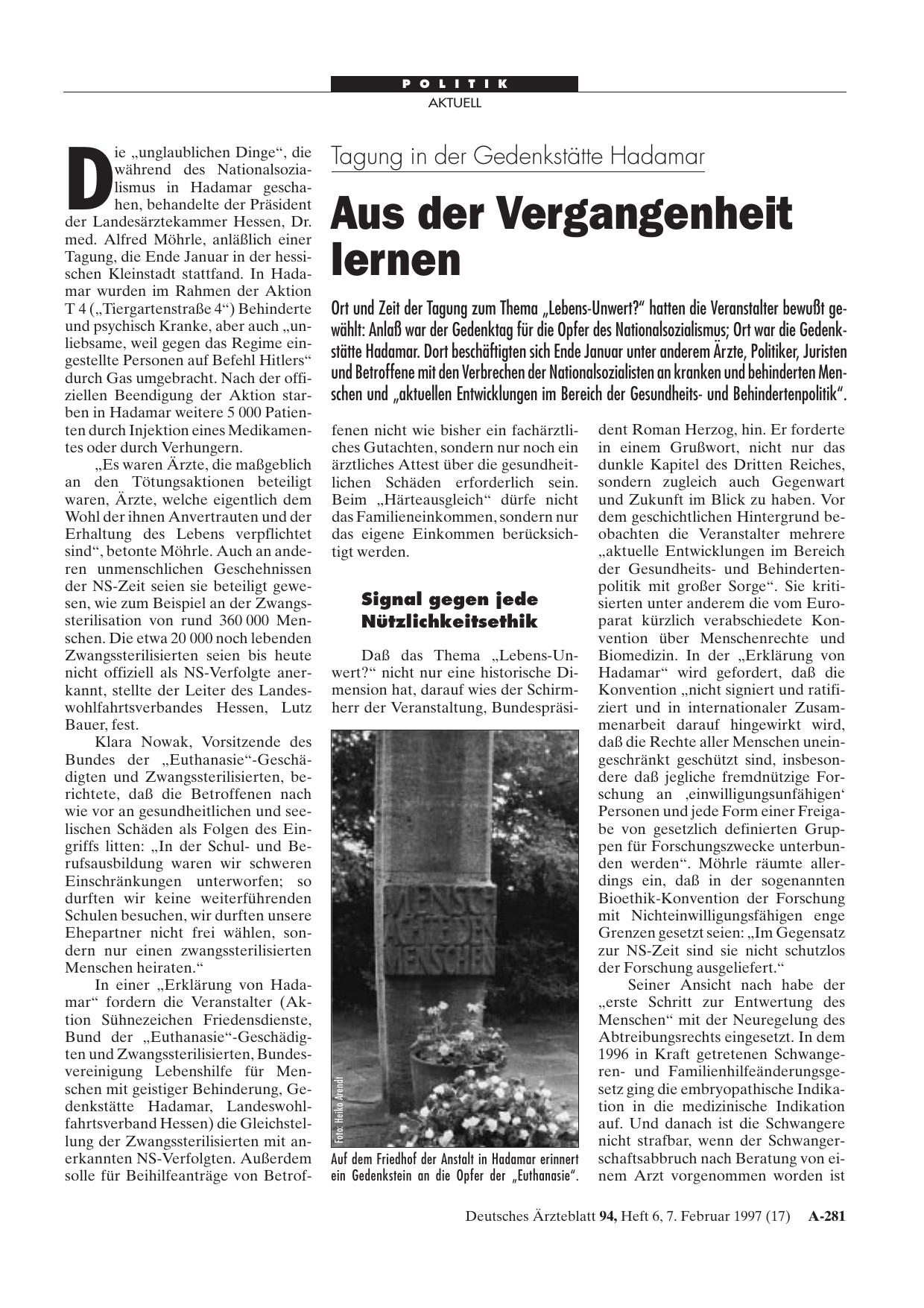 Vorschauseite 1: Tagung in der Gedenkstätte Hadamar: Aus der Vergangenheit lernen