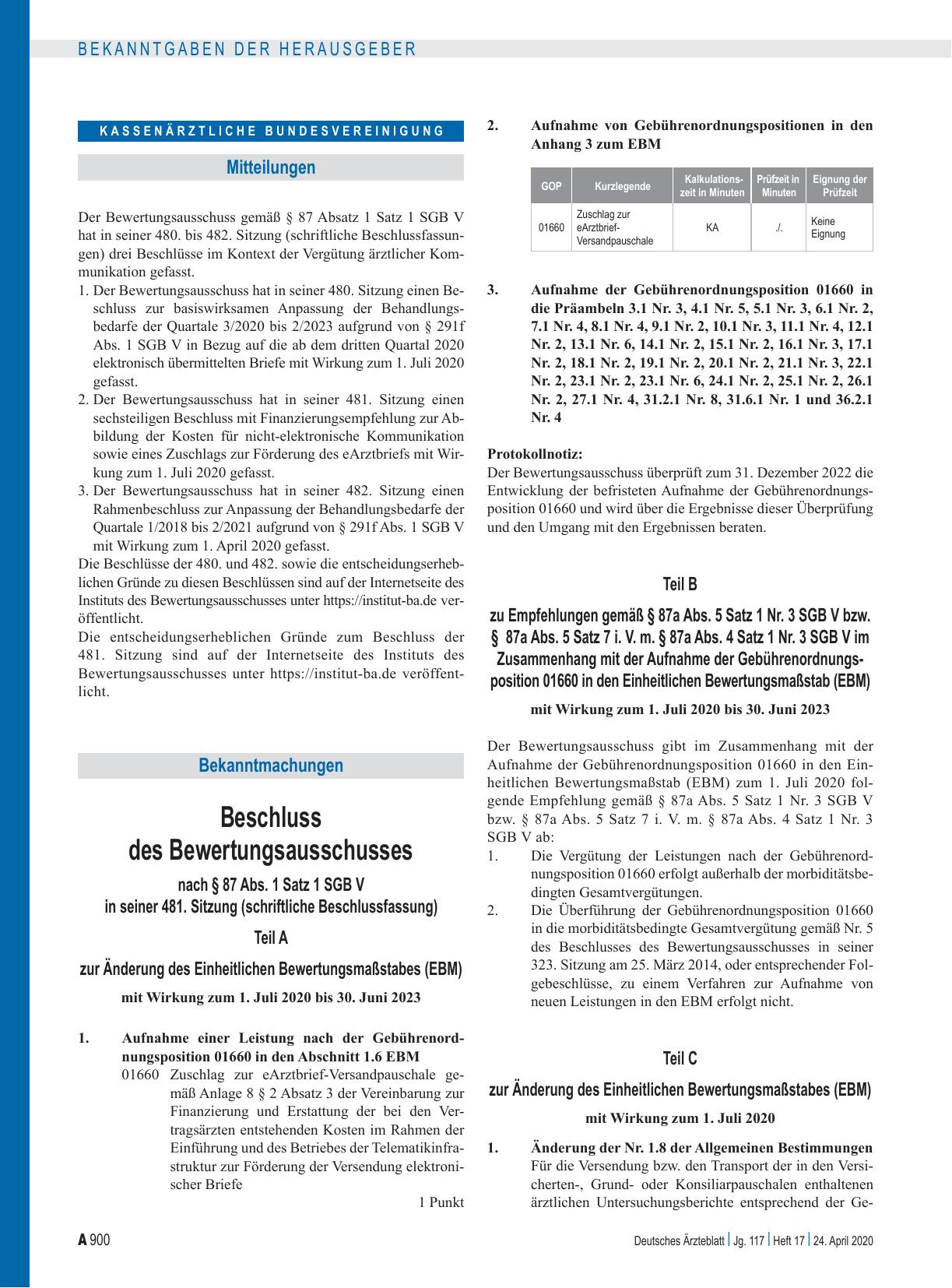 Vorschauseite 1: Beschluss des Bewertungsausschusses nach § 87 Abs. 1 Satz 1 SGB V in seiner 481. Sitzung: Teil A, Teil B, Teil C, Teil D, Teil E, Teil F