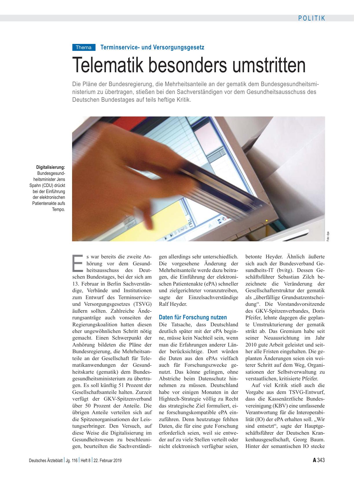 Vorschauseite 1: Terminserviceund Versorgungsgesetz: Telematik besonders umstritten