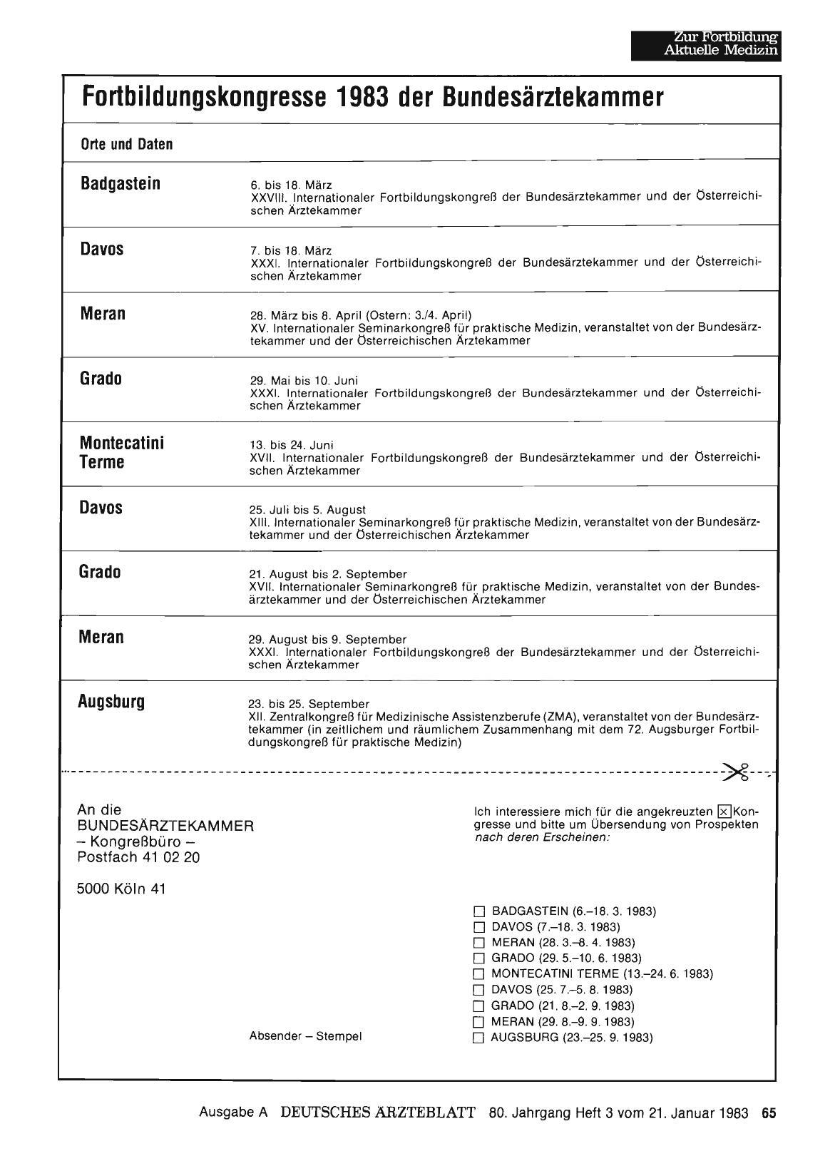 Vorschauseite 1: Fortbildungskongresse 1983 der Bundesärztekammer