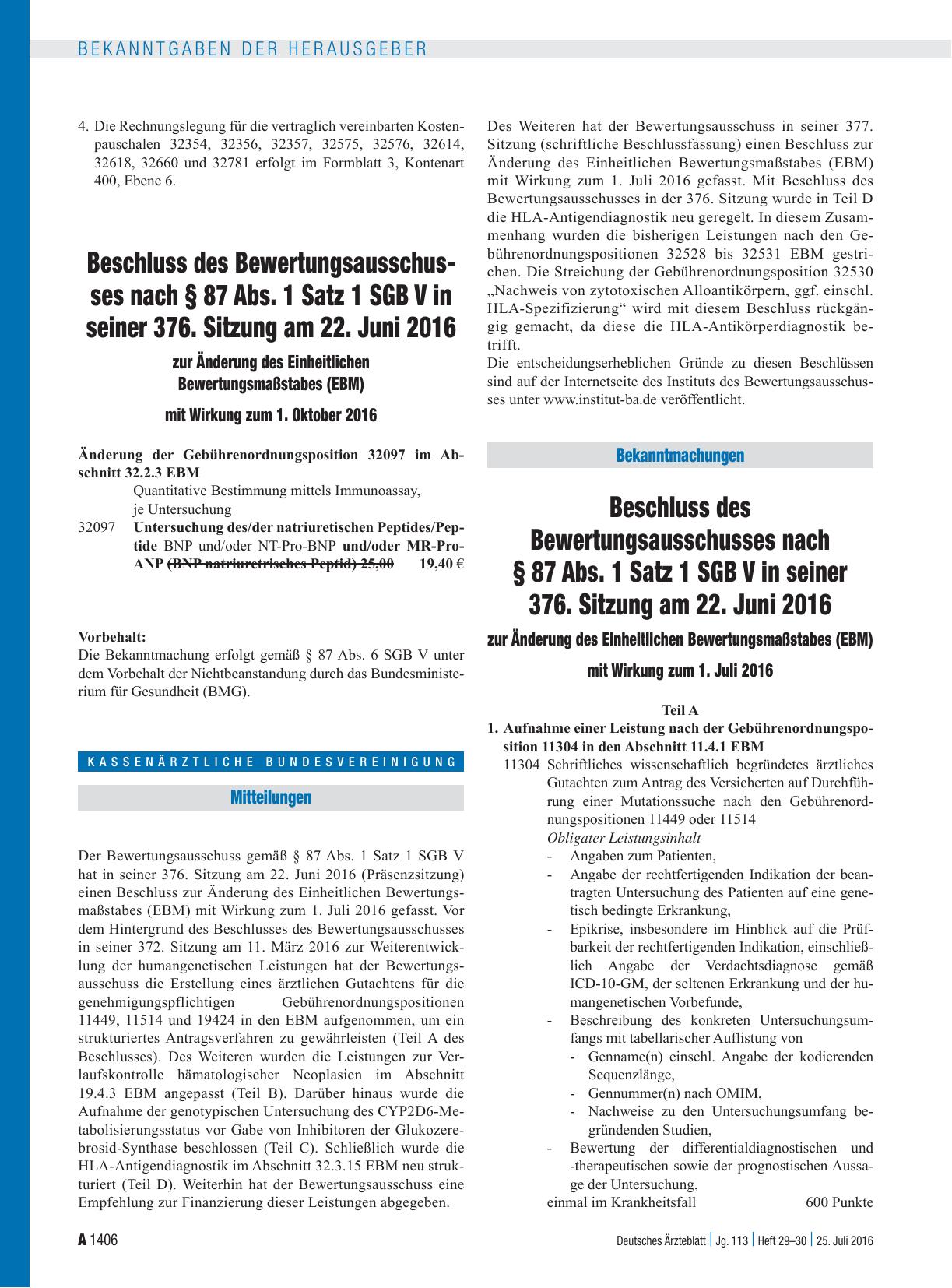Vorschauseite 1: Beschluss des Bewertungsausschusses nach § 87 Abs. 1 Satz 1 SGB V in seiner 376. Sitzung am 22. Juni 2016 zur Änderung des Einheitlichen Bewertungsmaßstabes (EBM) mit Wirkung zum…