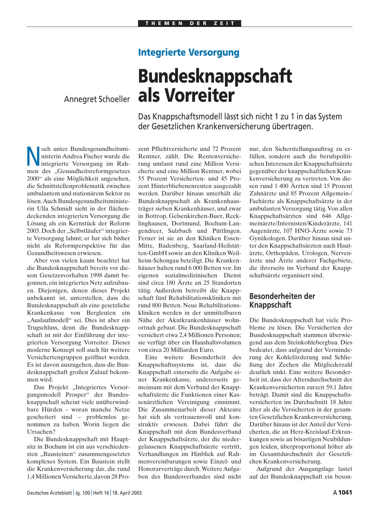 Vorschauseite 1: Integrierte Versorgung: Bundesknappschaft als Vorreiter