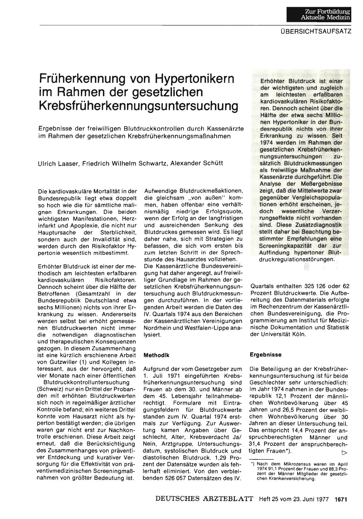 Vorschauseite 1: Früherkennung von Hypertonikern im Rahmen der gesetzlichen Krebsfrüherkennungsuntersuchung: Ergebnisse der freiwilligen Blutdruckkontrollen durch Kassenärzte im Rahmen der gesetzl…