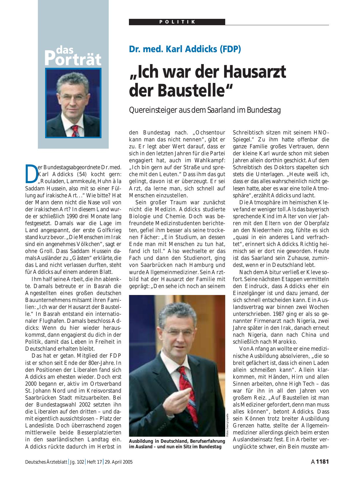 Vorschauseite 1: Das Porträt: Dr. med. Karl Addicks (FDP) - „Ich war der Hausarzt der Baustelle“