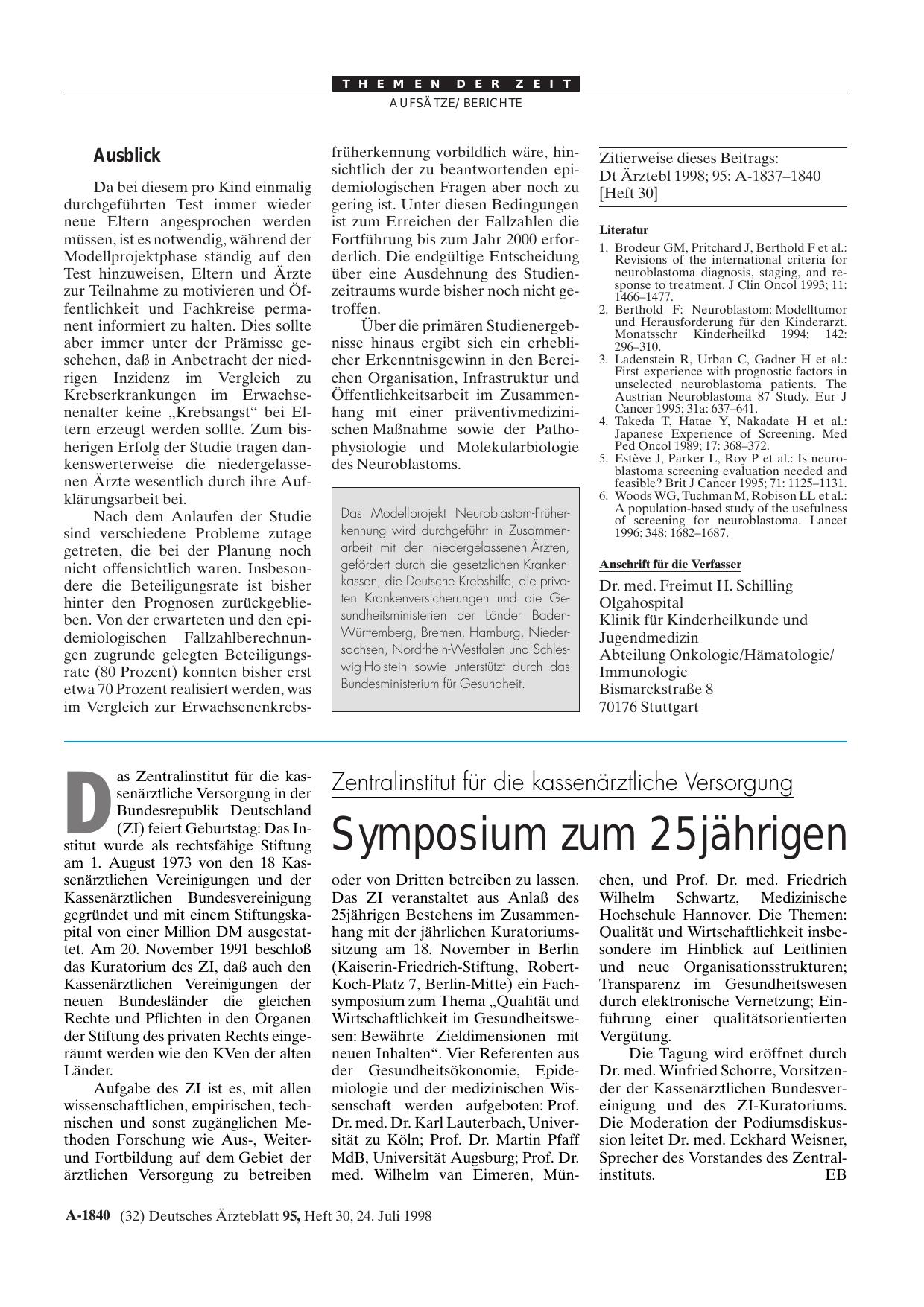 Vorschauseite 1: Zentralinstitut für die kassenärztliche Versorgung: Symposium zum 25jährigen