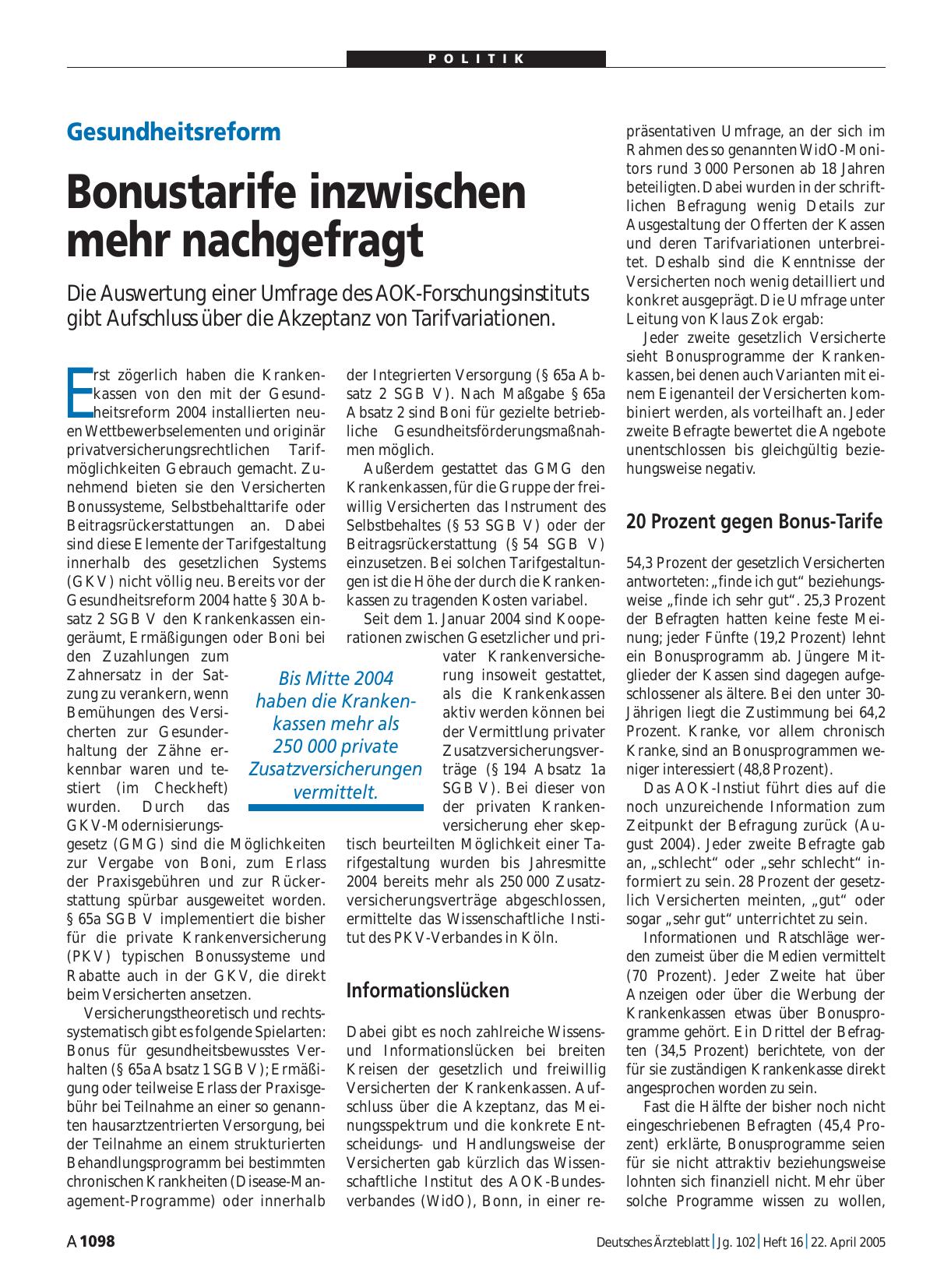 Vorschauseite 1: Gesundheitsreform: Bonustarife inzwischen mehr nachgefragt
