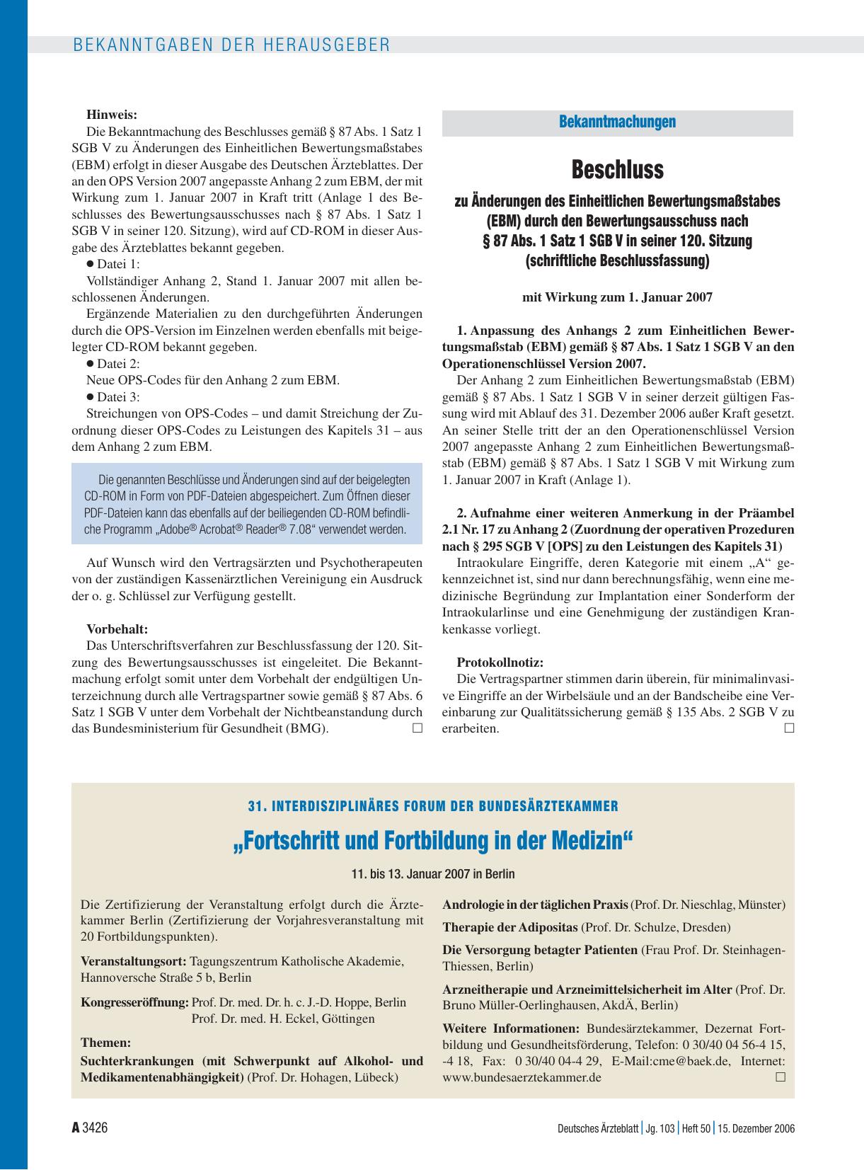 Vorschauseite 1: 31. Interdisziplinäres Forum der Bundesärztekammer „Fortschritt und Fortbildung in der Medizin“: 11. bis 13. Januar 2007 in Berlin