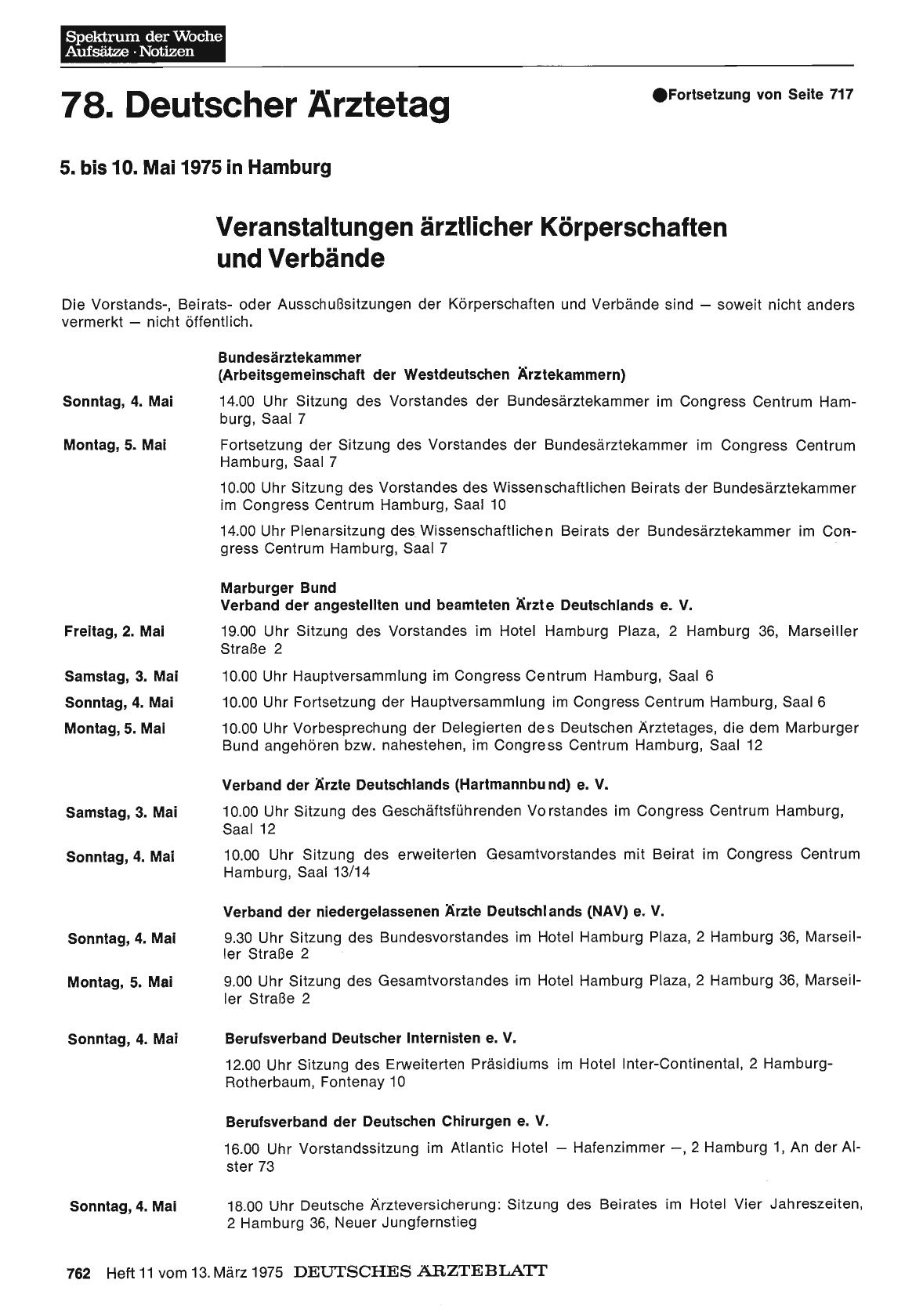 Vorschauseite 1: 78. Deutscher Ärztetag 5. bis 10. Mai 1975 in Hamburg: Veranstaltungen ärztlicher Körperschaften und Verbände