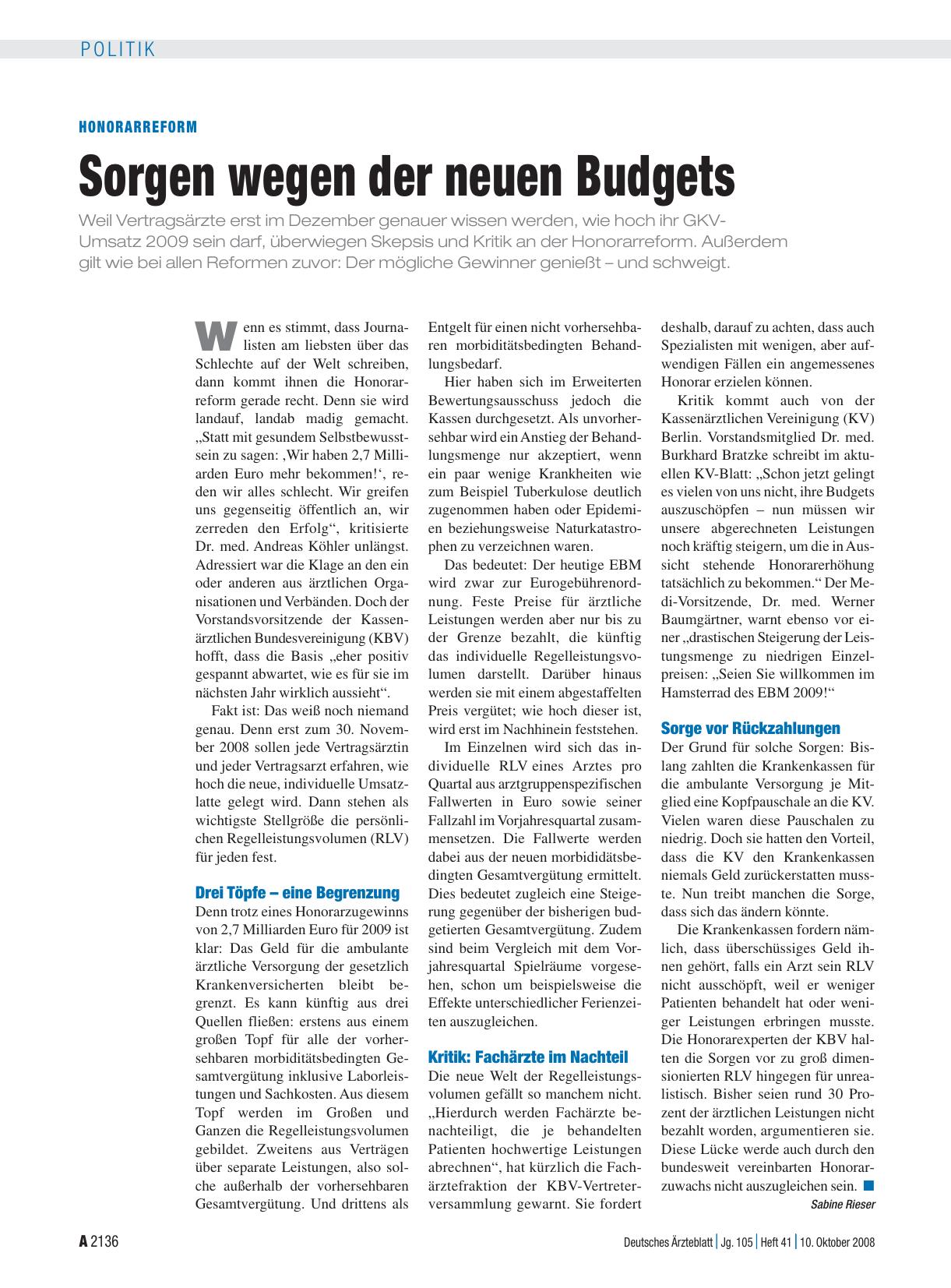 Vorschauseite 1: Honorarreform: Sorgen wegen der neuen Budgets