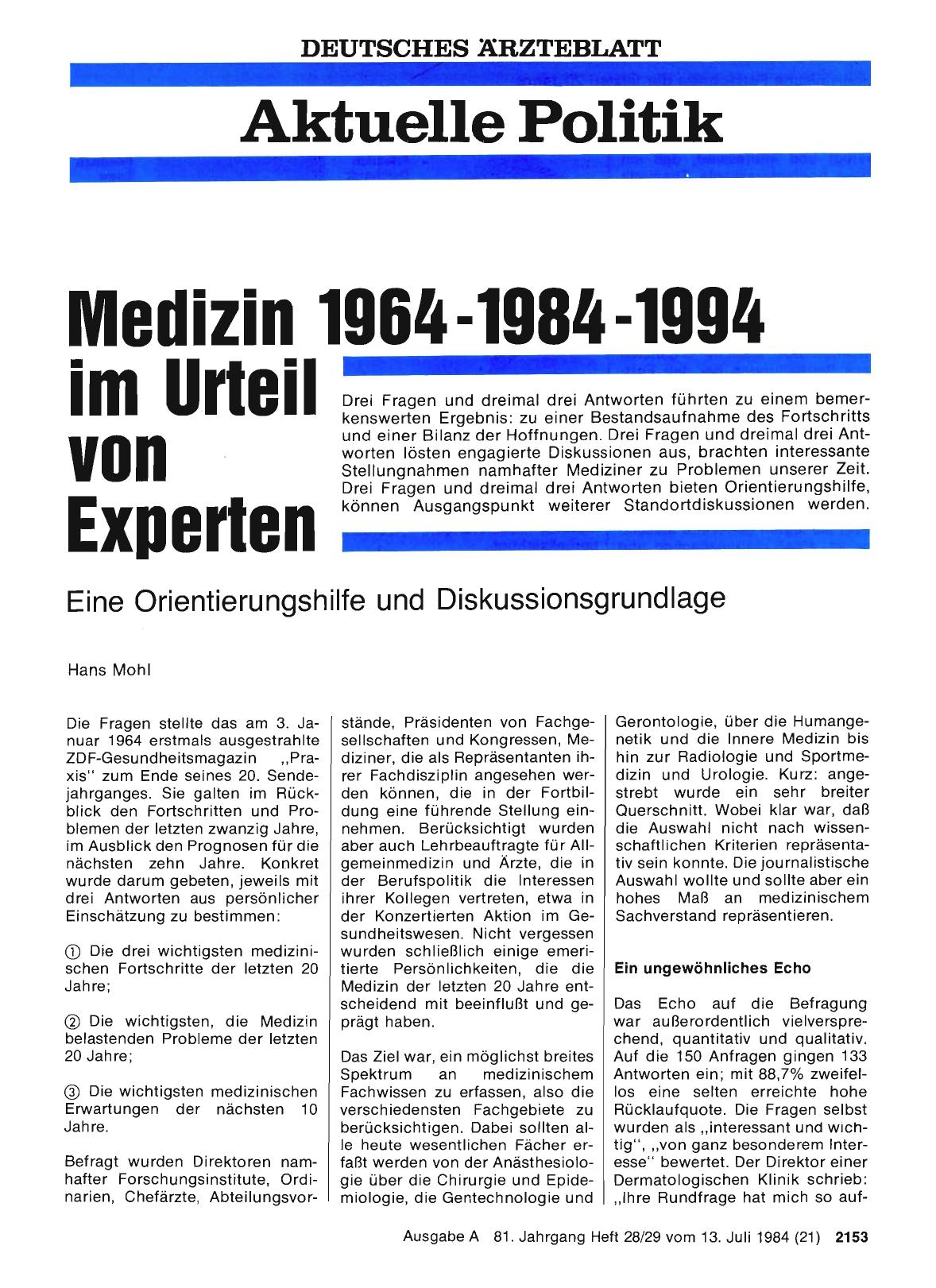 Vorschauseite 1: Medizin 1964-1984-1994 im Urteil von Experten: Eine Orientierungshilfe und Diskussionsgrundlage