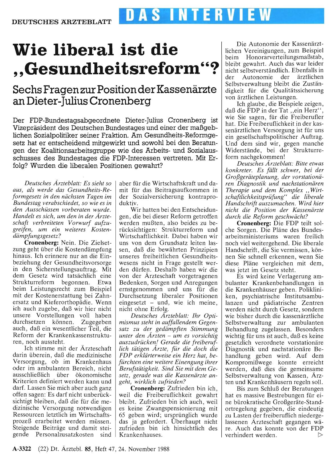 Vorschauseite 1: Wie liberal ist die „Gesundheitsreform“? : Sechs Fragen zur Position der Kassenärzte an Dieter-Julius Cronenberg