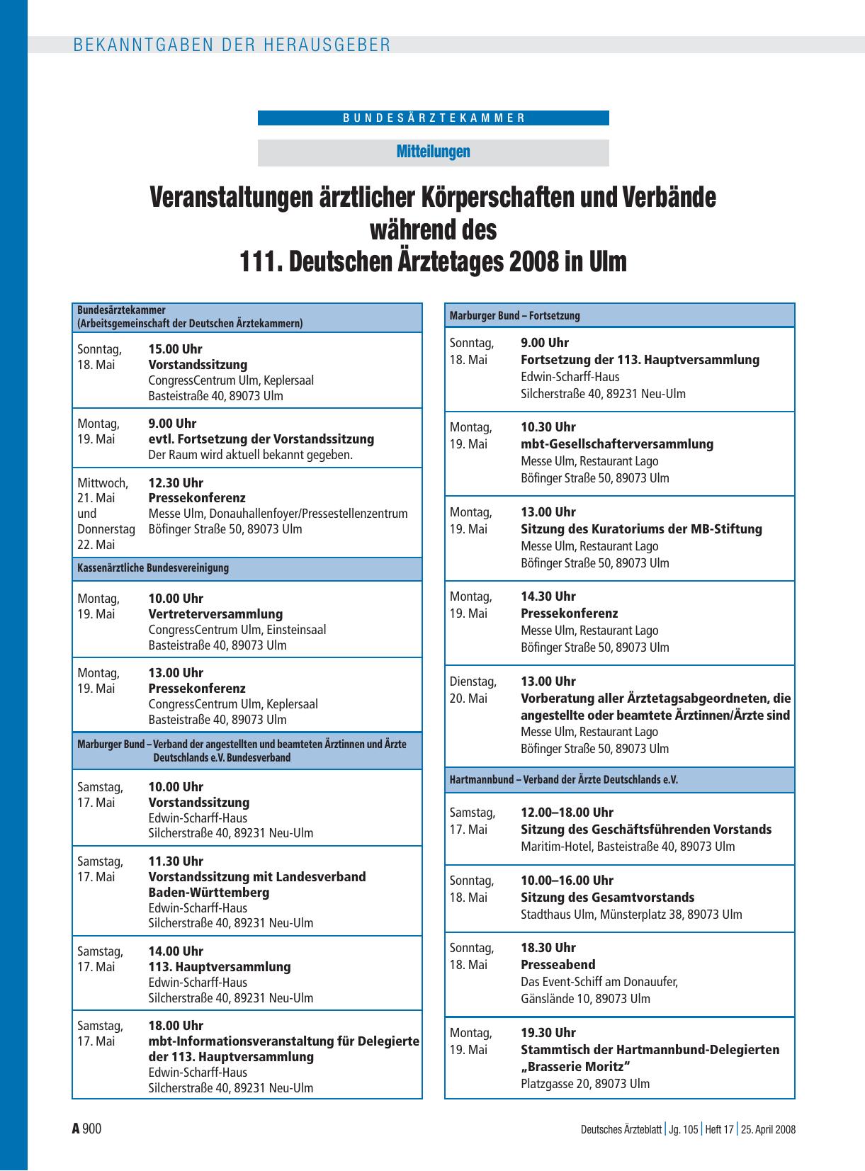 Vorschauseite 1: Mitteilungen: Veranstaltungen ärztlicher Körperschaften und Verbände während des 111. Deutschen Ärztetages 2008 in Ulm