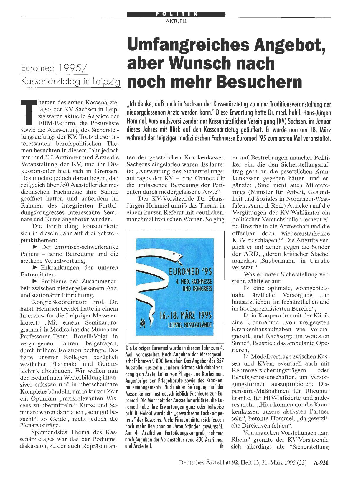 Vorschauseite 1: Euromed 1995/ Kassenärztetag in Leipzig: Umfangreiches Angebot, aber Wunsch nach noch mehr Besuchern