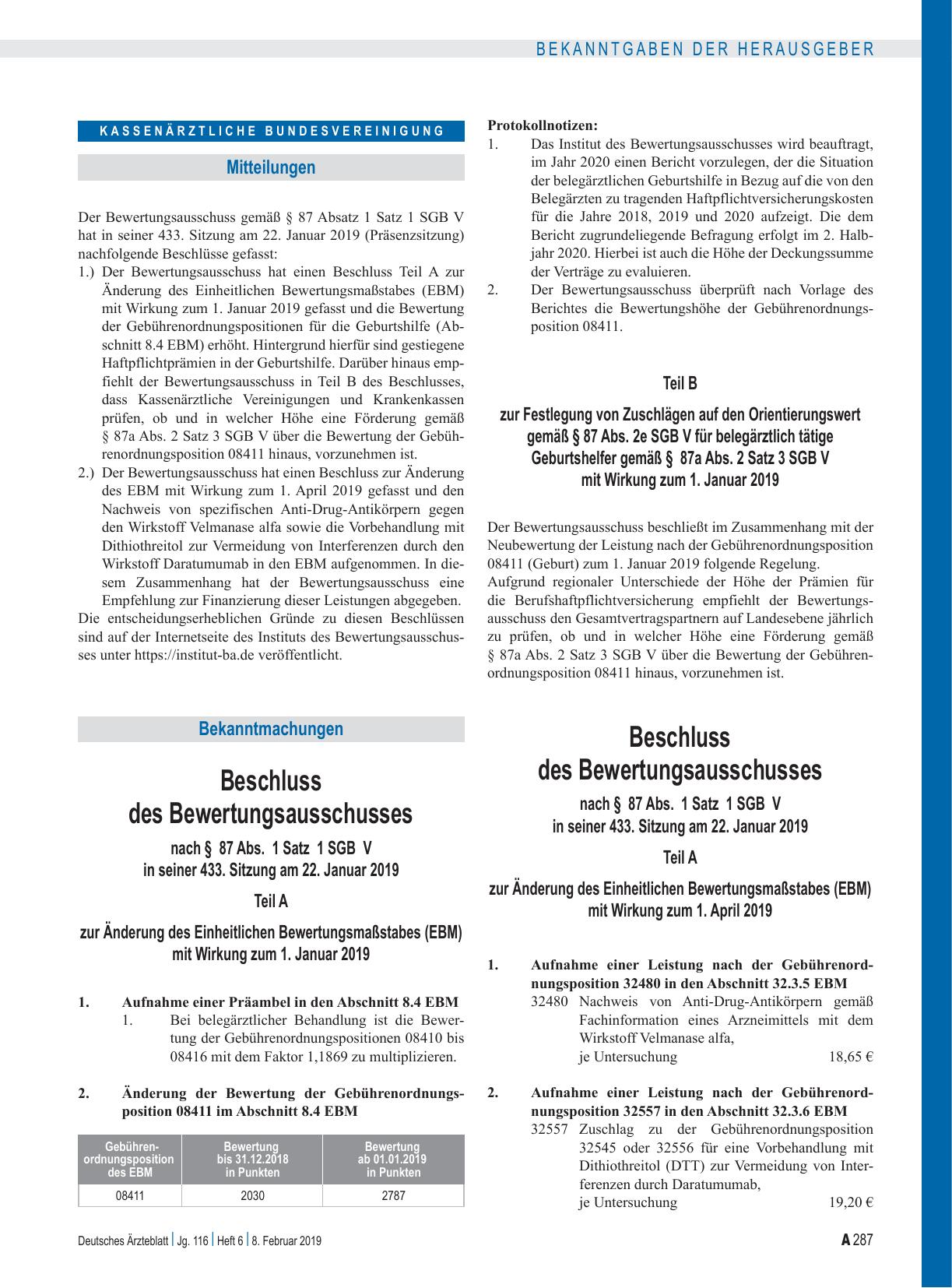 Vorschauseite 1: Beschluss des Bewertungsausschusses nach § 87 Abs. 1 Satz 1 SGB V in seiner 433. Sitzung am 22. Januar 2019: Teil A zur Änderung des Einheitlichen Bewertungsmaßstabes (EBM), Teil…