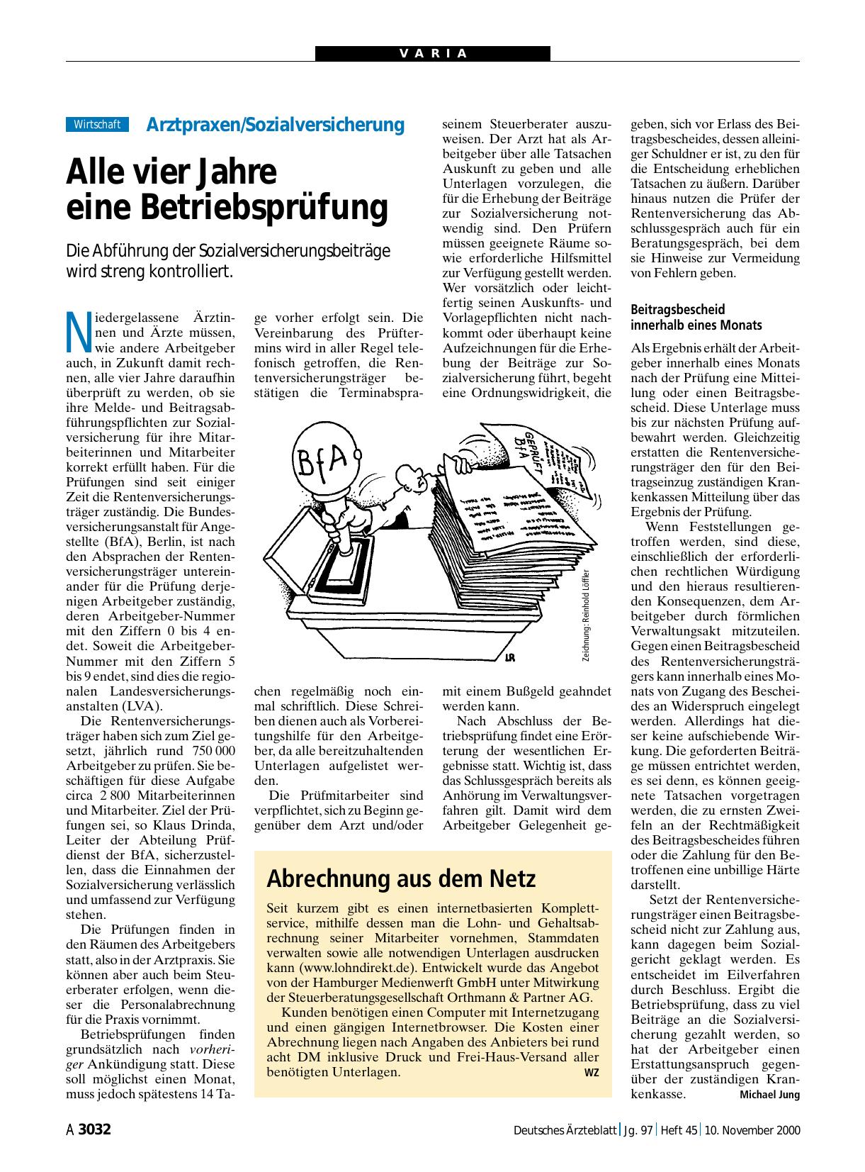 Vorschauseite 1: Arztpraxen/Sozialversicherung: Alle vier Jahre eine Betriebsprüfung