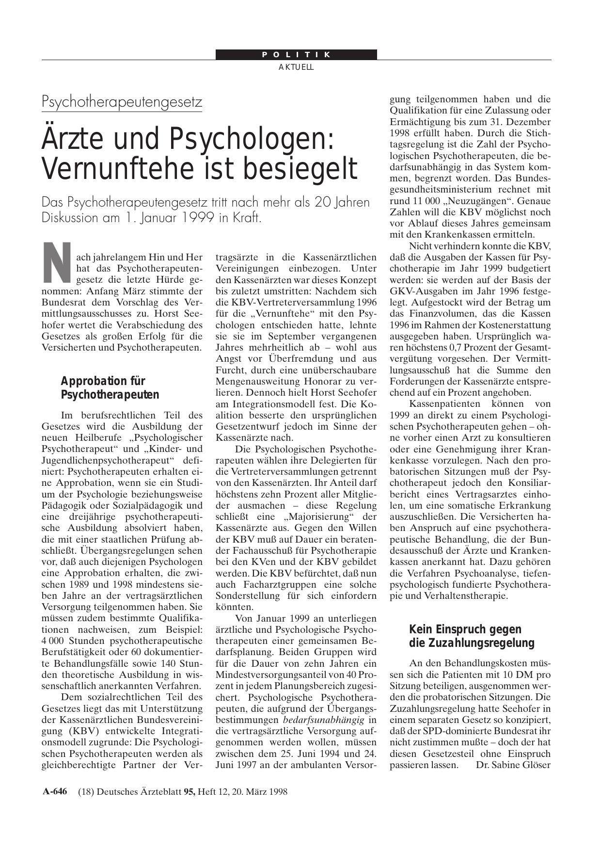Vorschauseite 1: Psychotherapeutengesetz – Ärzte und Psychologen: Vernunftehe ist besiegelt