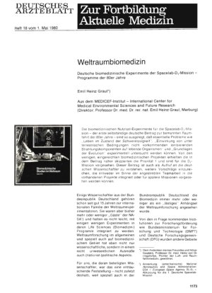 Vorschauseite 1: Weltraumbiomedizin: Deutsche biomedizinische Experimente der Spacelab-D -1 -Mission — Programme der 80er Jahre