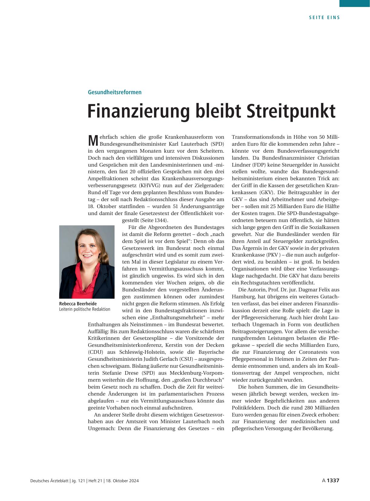 Vorschauseite 1: Gesundheitsreformen: Finanzierung bleibt Streitpunkt