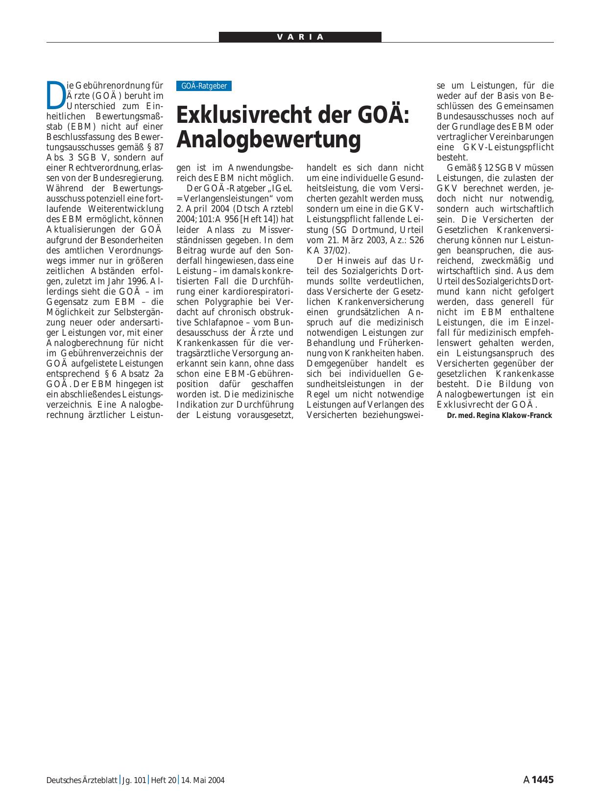 Vorschauseite 1: Exklusivrecht der GOÄ: Analogbewertung