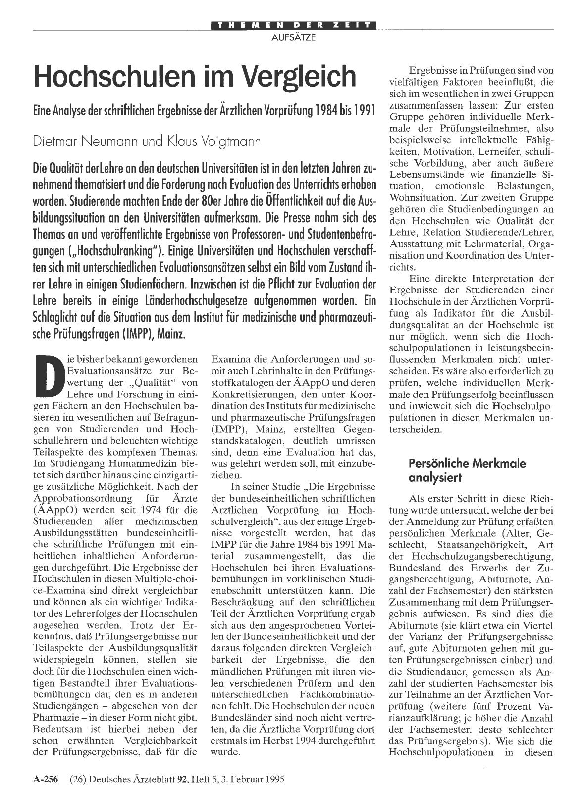 Vorschauseite 1: Hochschulen im Vergleich: Eine Analyse der schriftlichen Ergebnisse der Ärztlichen Vorprüfung 1984 bis 1991