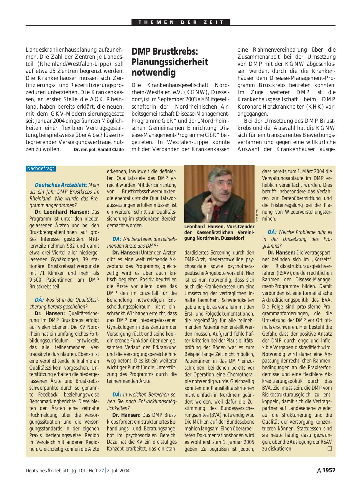 Vorschauseite 1: DMP Brustkrebs: Planungssicherheit notwendig