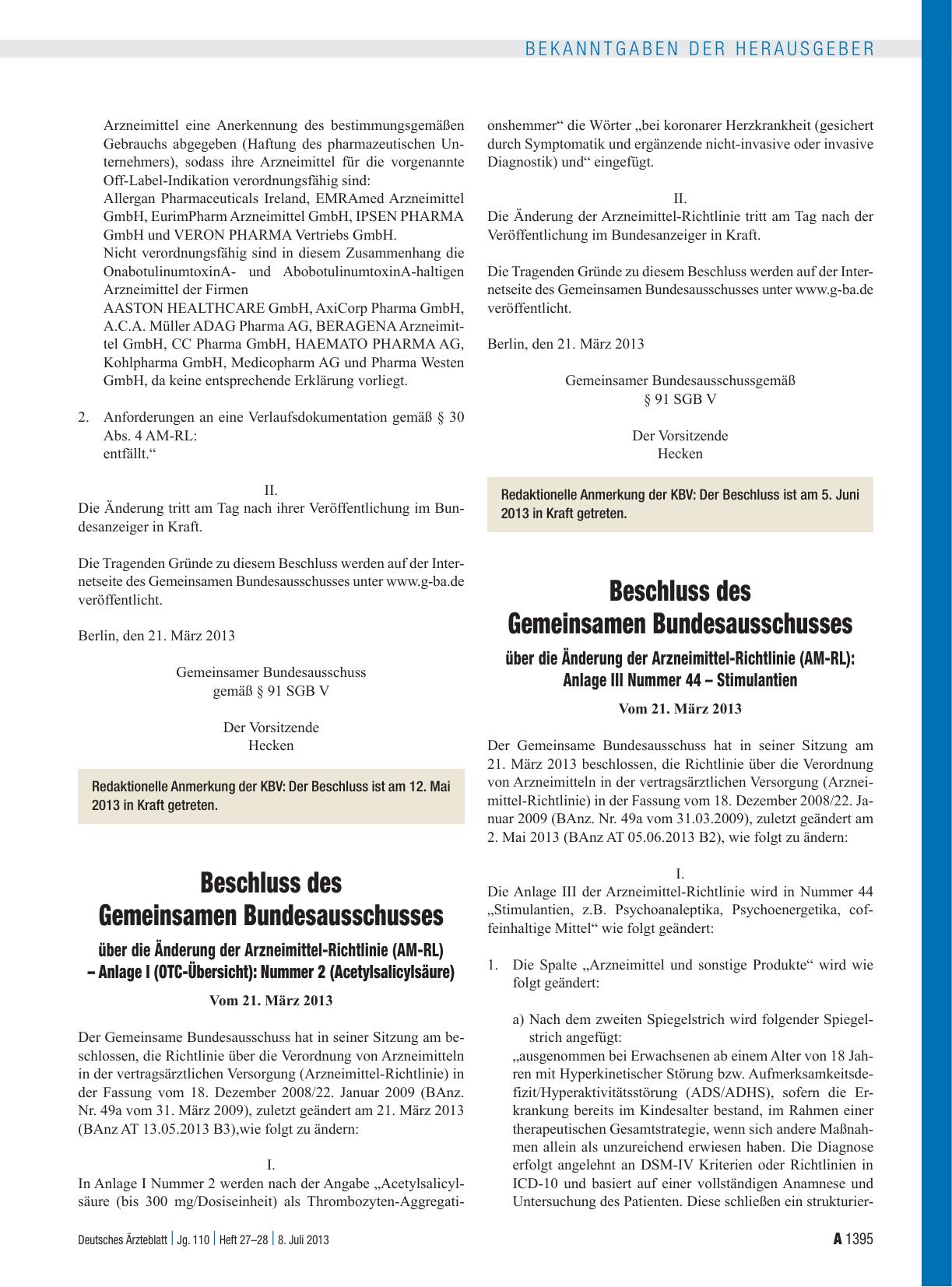 Vorschauseite 1: Beschluss des Gemeinsamen Bundesausschusses über die Änderung der Arzneimittel-Richtlinie (AM-RL) – Anlage I (OTC-Übersicht): Nummer 2 (Acetylsalicylsäure)