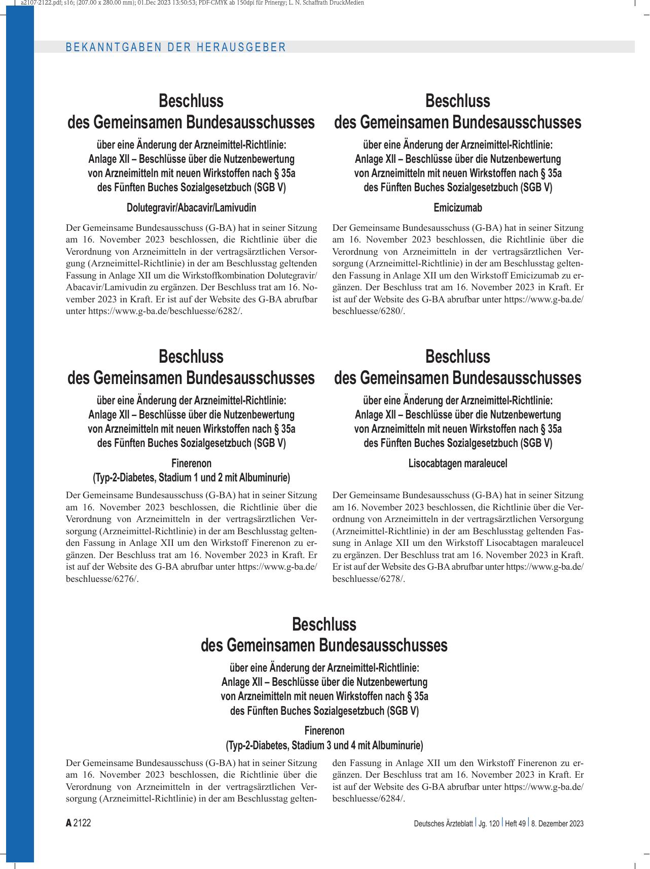 Vorschauseite 1: Beschluss des Gemeinsamen Bundesausschusses über eine Änderung der Arzneimittel-Richtlinie: Emicizumab
