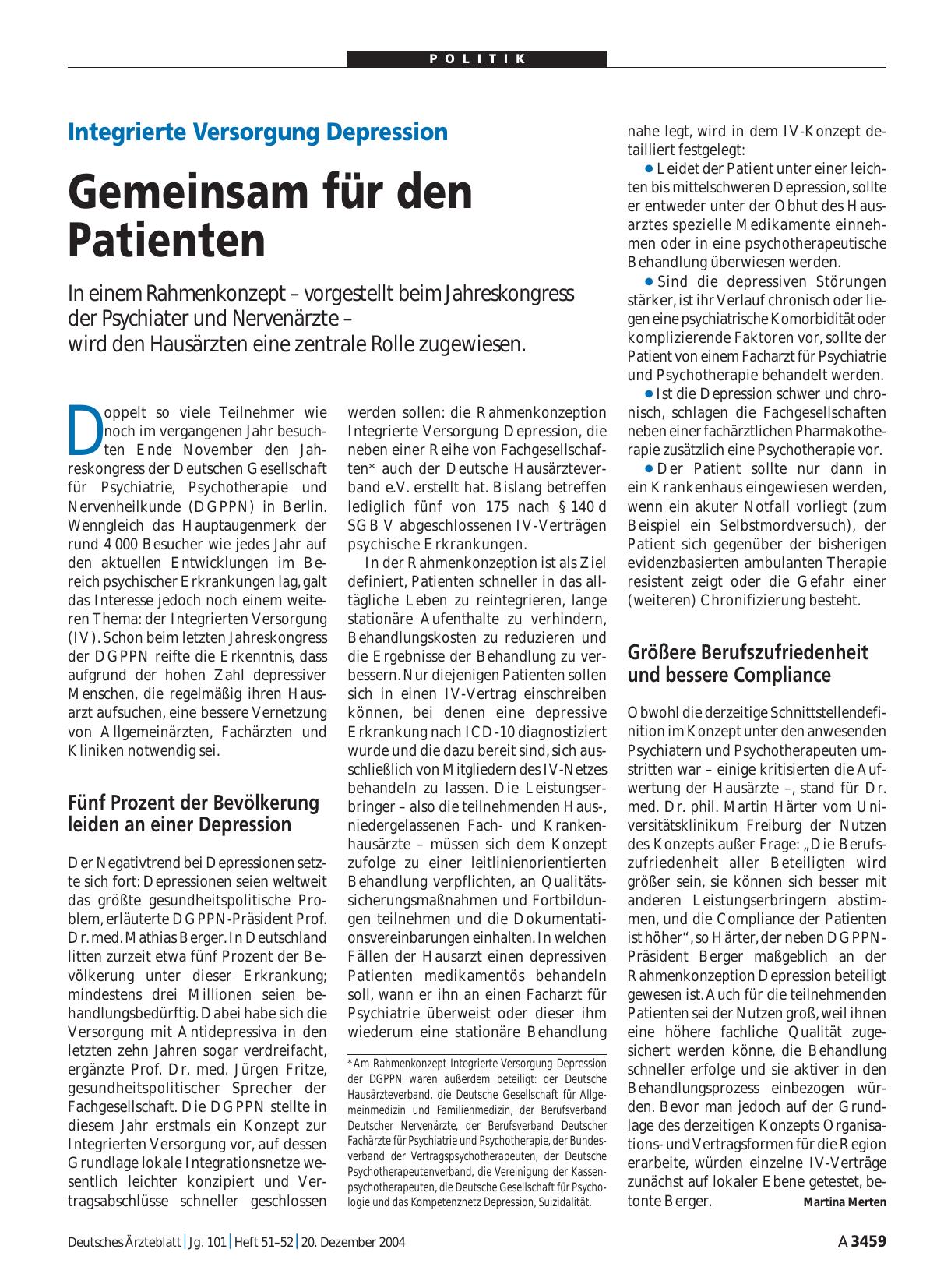 Vorschauseite 1: Integrierte Versorgung Depression: Gemeinsam für den Patienten