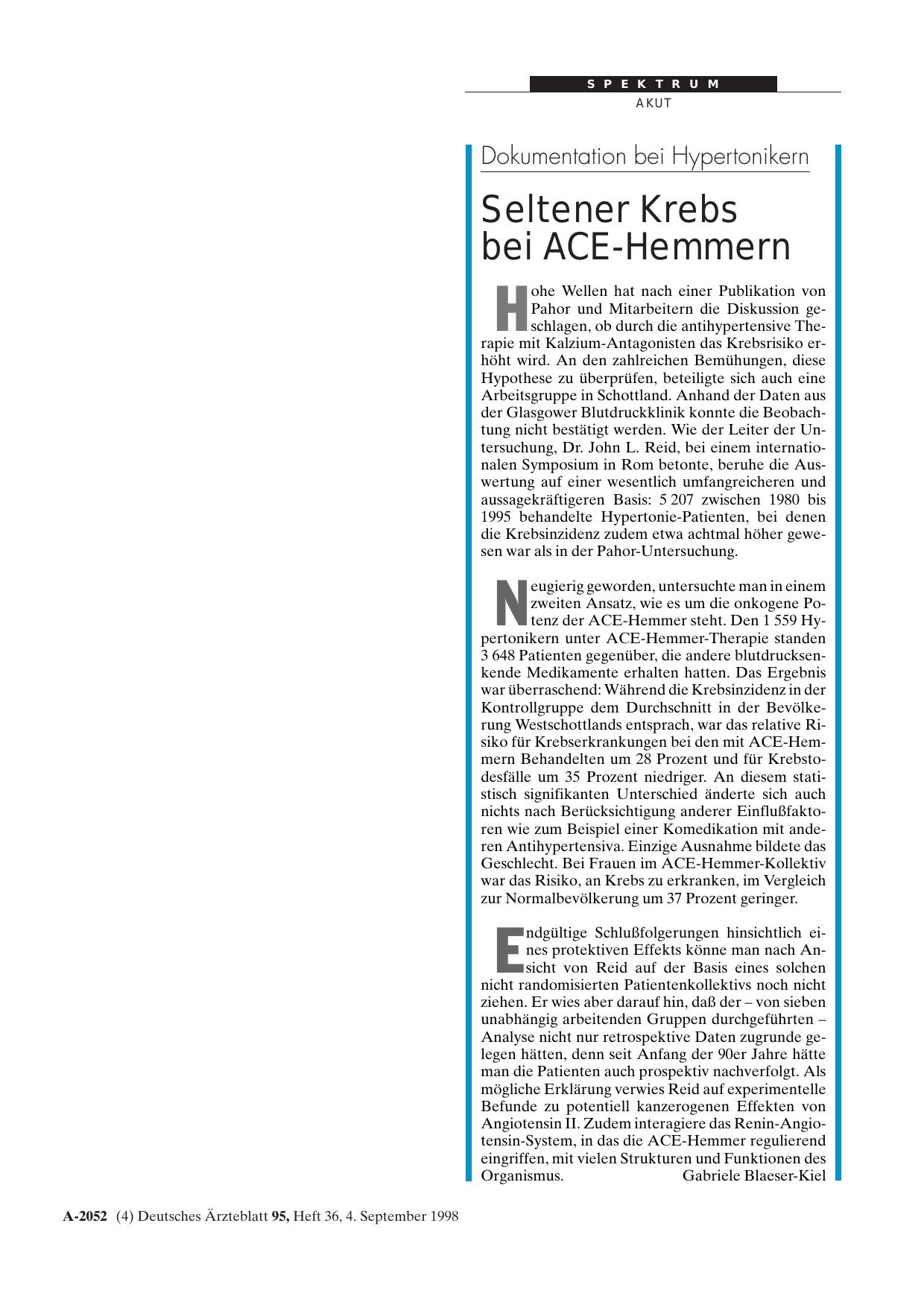 Vorschauseite 1: Dokumentation bei Hypertonikern: Seltener Krebs bei ACE-Hemmern