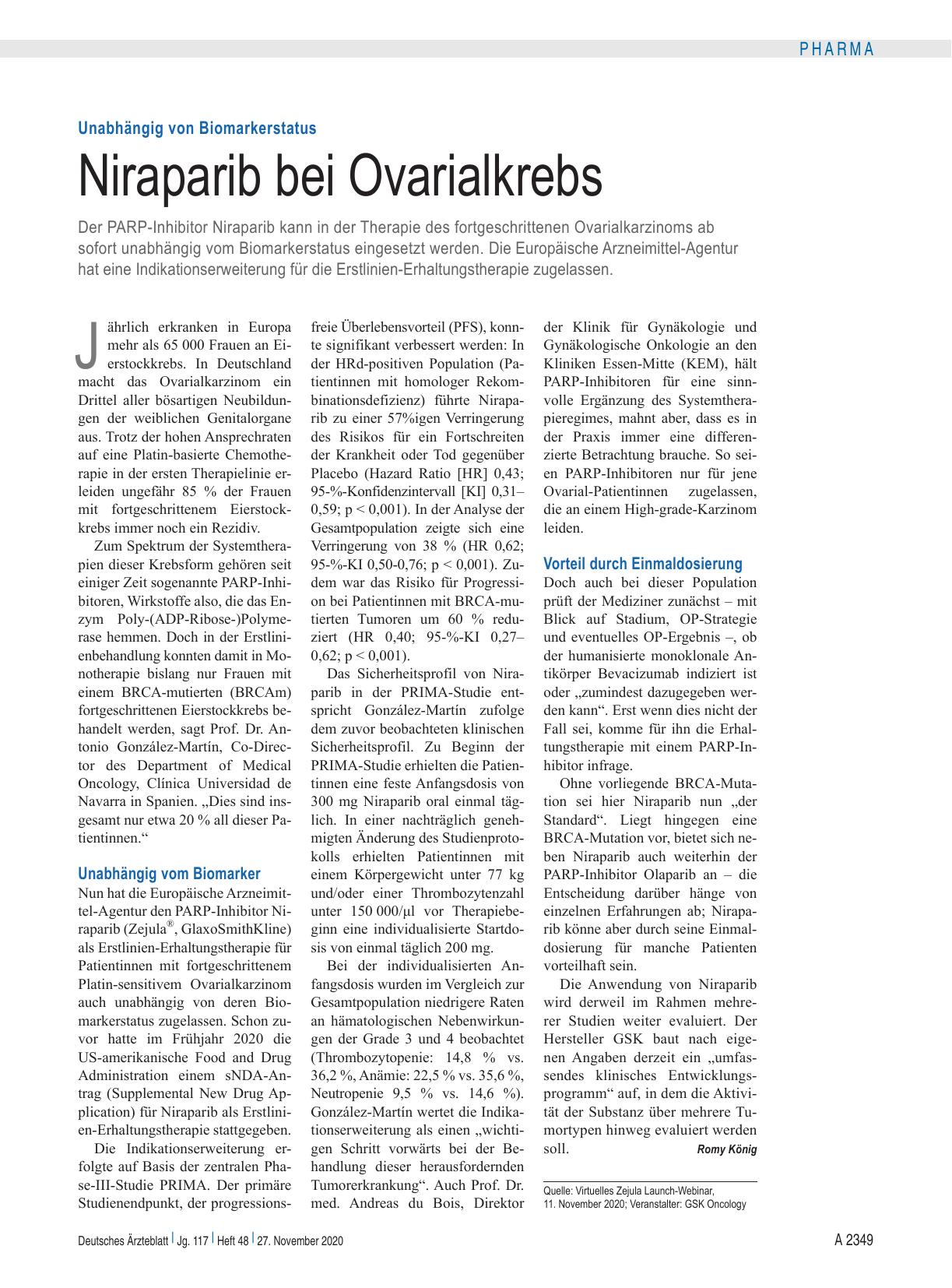 Vorschauseite 1: Unabhängig von Biomarkerstatus: Niraparib bei Ovarialkrebs