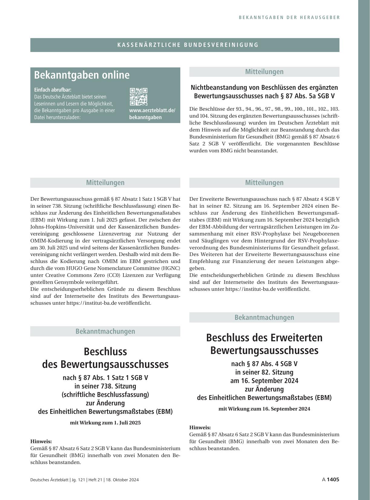 Vorschauseite 1: Beschluss des Bewertungsausschusses nach § 87 Abs. 1 Satz 1 SGB V in seiner 738. Sitzung (schriftliche Beschlussfassung) zur Änderung des Einheitlichen Bewertungsmaßstabes (EBM)