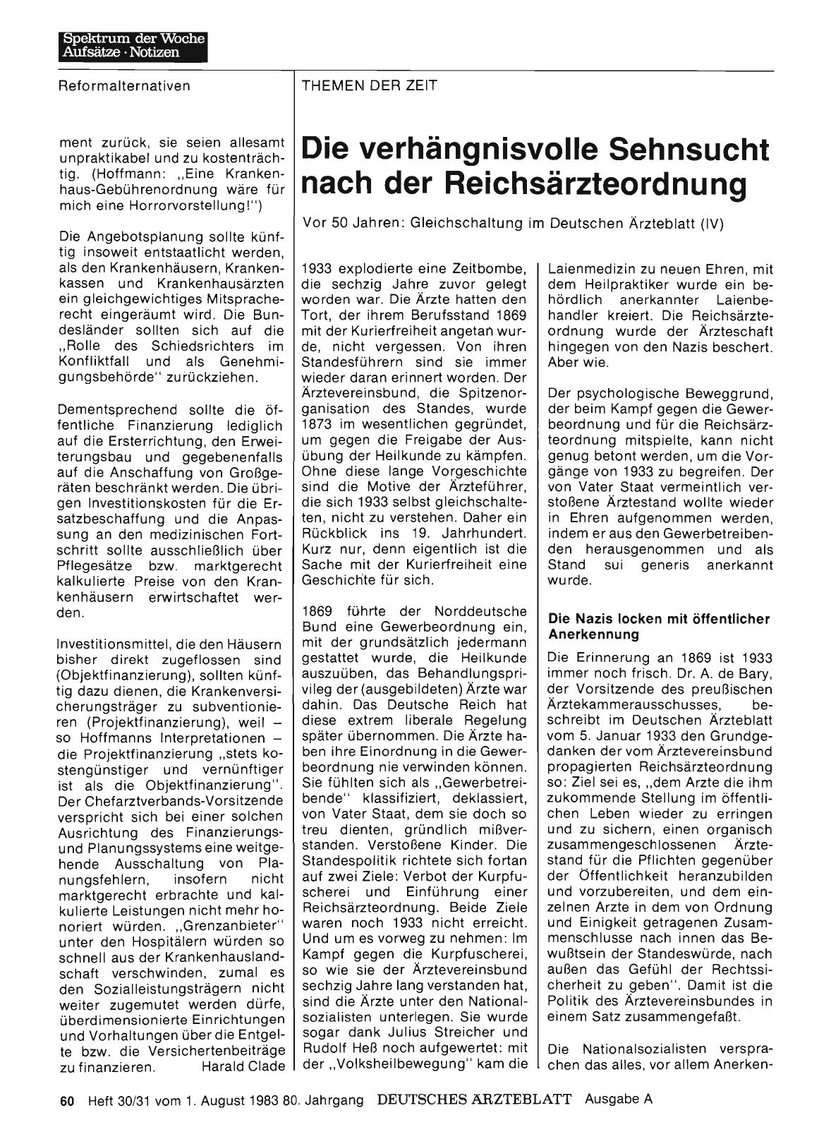 Vorschauseite 1: Die verhängnisvolle Sehnsucht nach der Reichsärzteordnung — Vor 50 Jahren: Gleichschaltung im Deutschen Ärzteblatt (IV)