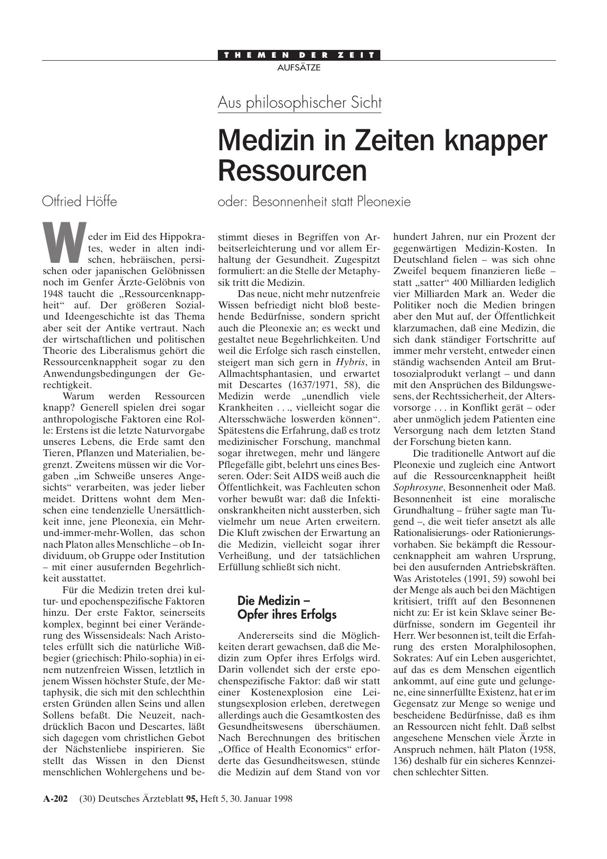 Vorschauseite 1: Aus philosophischer Sicht – Medizin in Zeiten knapper Ressourcen oder: Besonnenheit statt Pleonexie