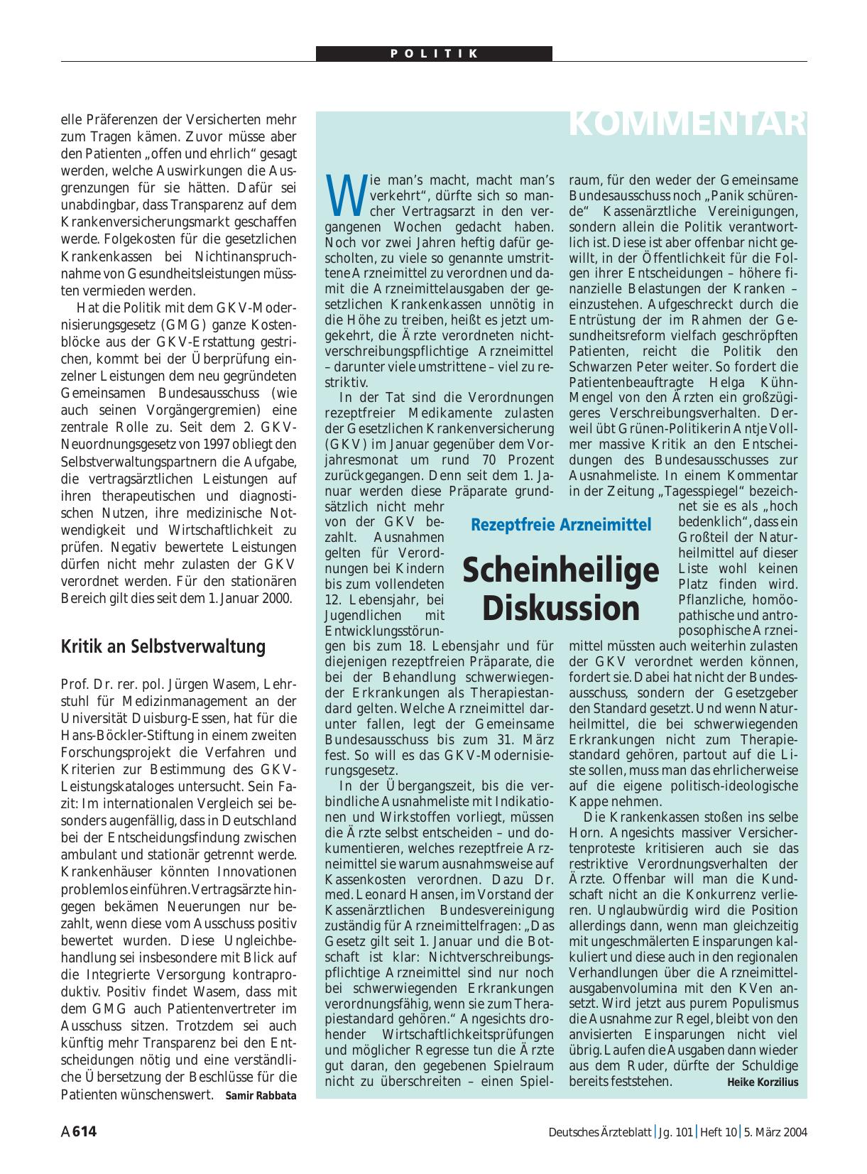 Vorschauseite 1: Rezeptfreie Arzneimittel: Scheinheilige Diskussion