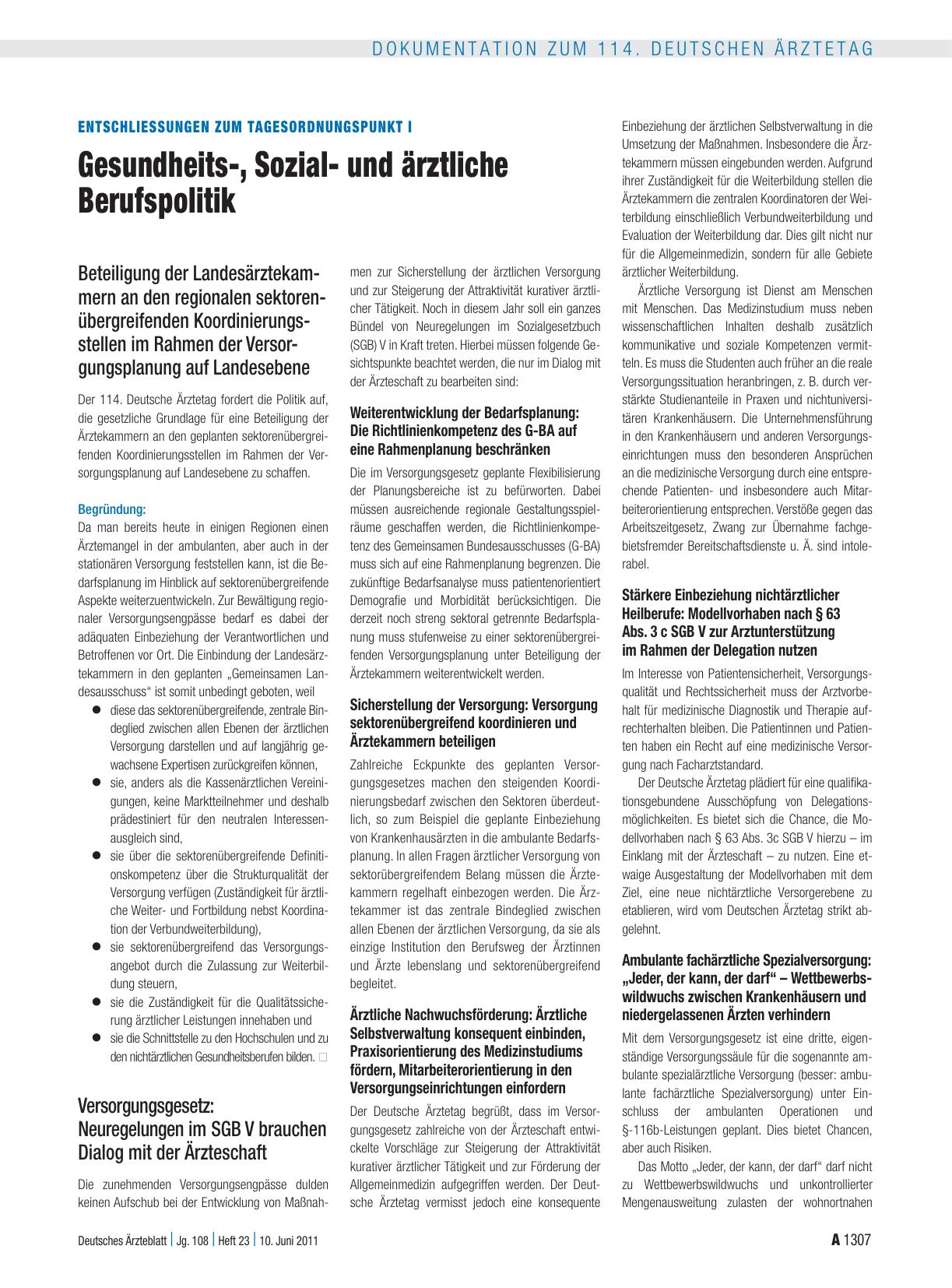 Vorschauseite 1: Entschliessungen zum Tagesordnungspunkt I: Gesundheits-, Sozialund ärztliche Berufspolitik