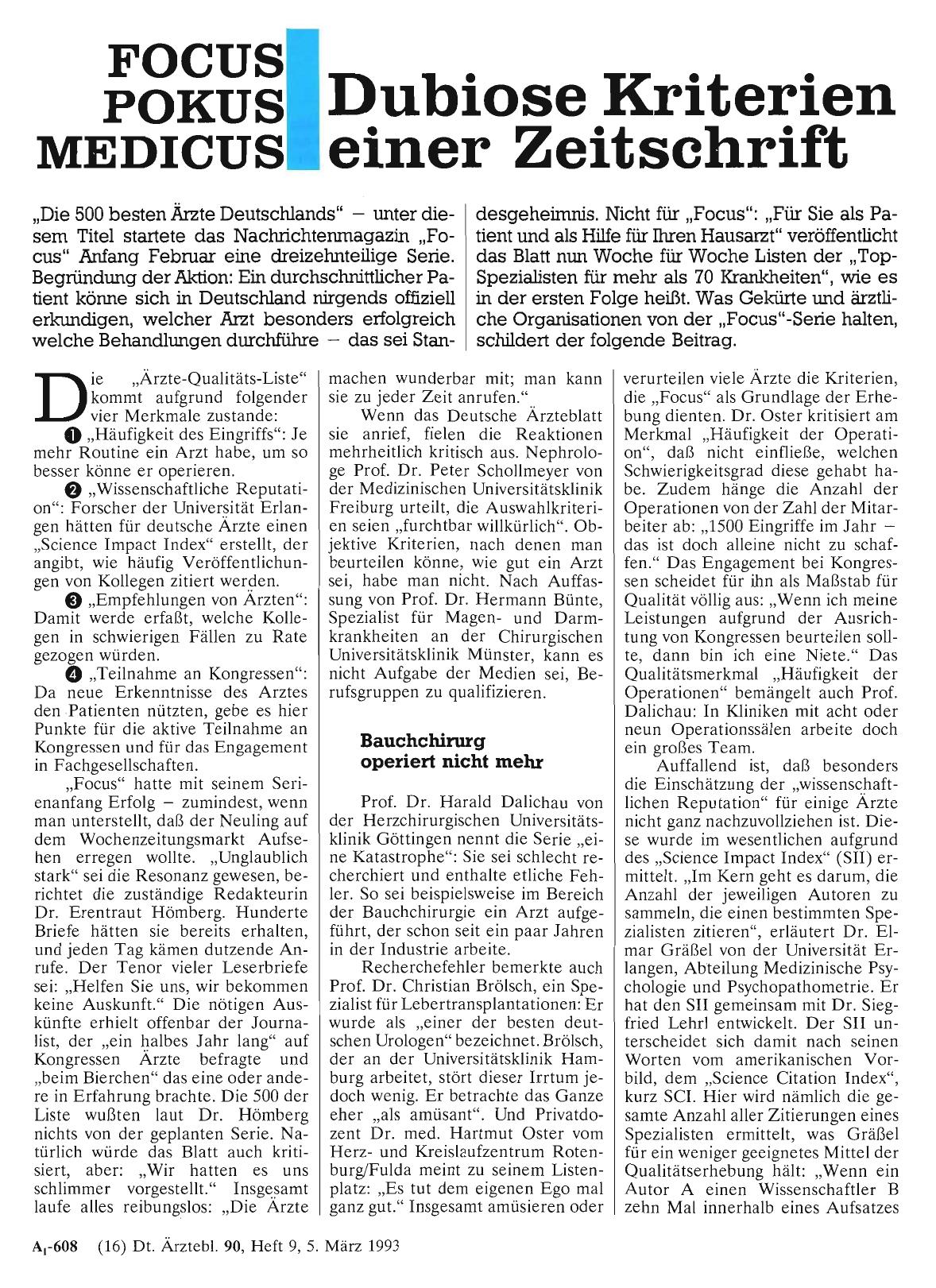 Vorschauseite 1: FOCUS POKUS MEDICUS: Dubiose Kriterien einer Zeitschrift
