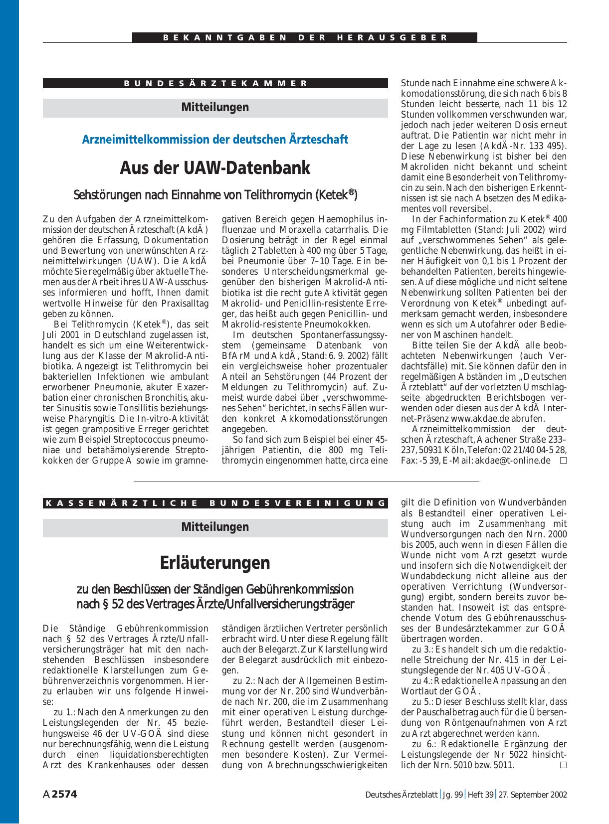Vorschauseite 1: Mitteilungen: Erläuterungen zu den Beschlüssen der Ständigen Gebührenkommission nach § 52 des Vertrages Ärzte/Unfallversicherungsträger