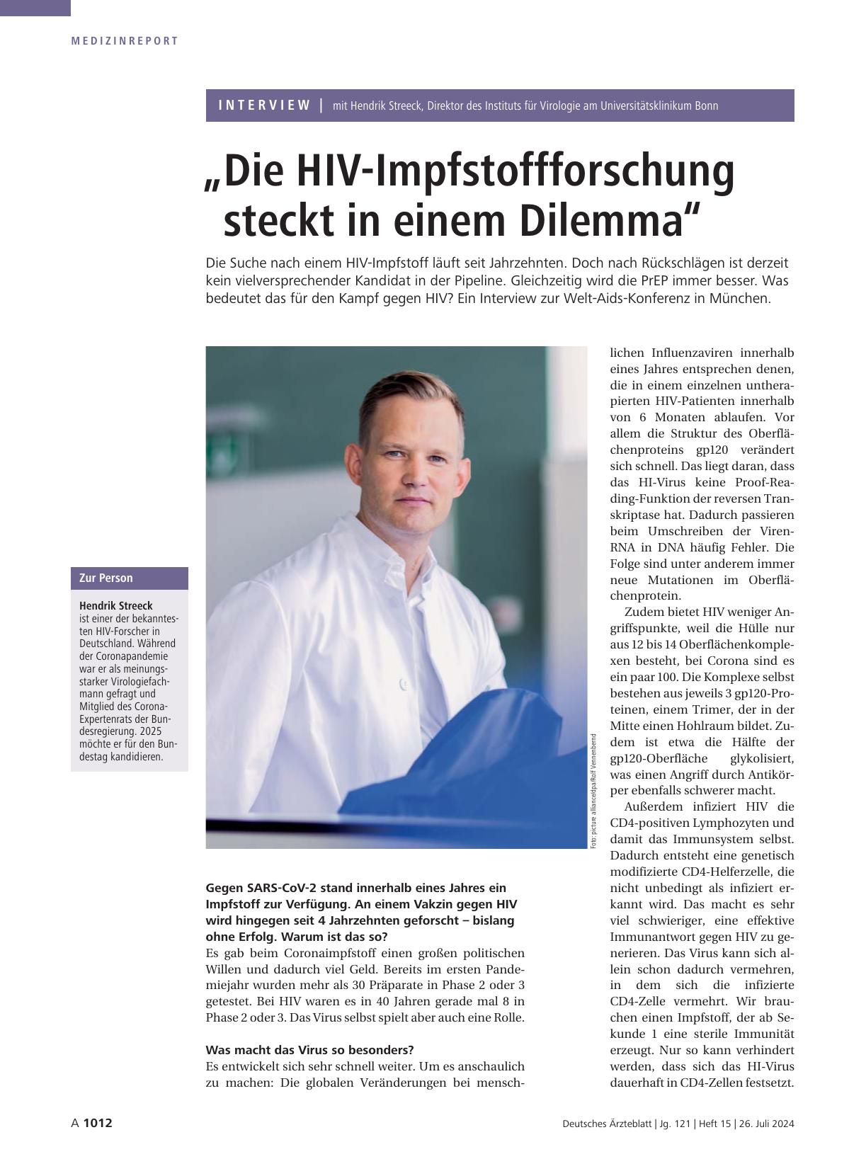 Vorschauseite 1: Interview mit Hendrik Streeck, Direktor des Instituts für Virologie am Universitätsklinikum Bonn: „Die HIV-Impfstoffforschung steckt in einem Dilemma“