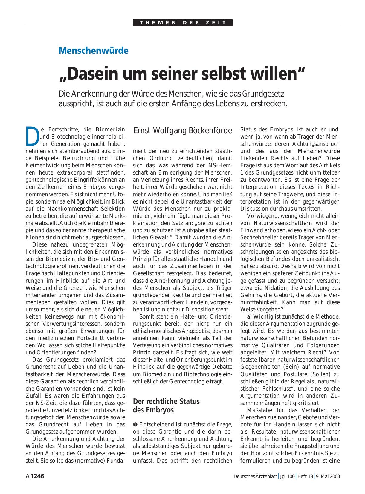 Vorschauseite 1: Menschenwürde: „Dasein um seiner selbst willen“