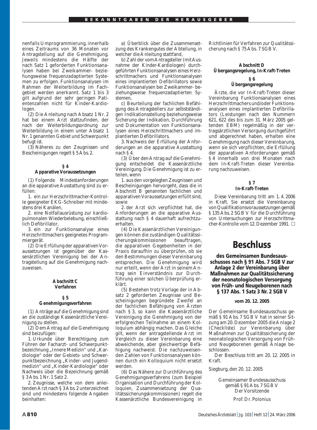 Vorschauseite 1: Beschluss des Gemeinsamen Bundesausschusses nach § 91 Abs. 7 SGB V zur Anlage 2 der Vereinbarung über Maßnahmen zur Qualitätssicherung der neonatologischen Versorgung von Frühund…