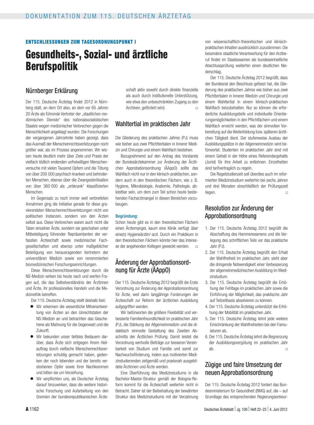 Vorschauseite 1: Entschließungen zum Tagesordnungspunkt I: Gesundheits-, Sozialund ärztliche Berufspolitik