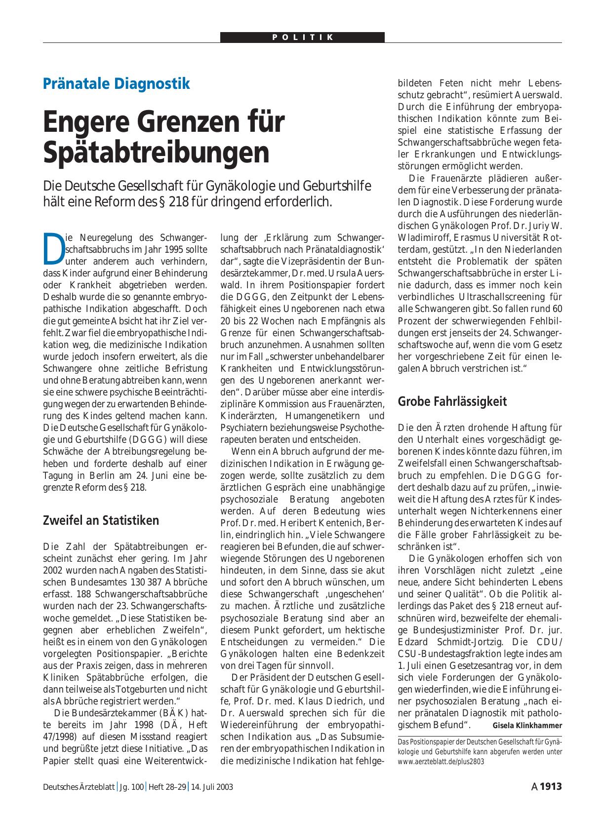 Vorschauseite 1: Pränatale Diagnostik: Engere Grenzen für Spätabtreibungen