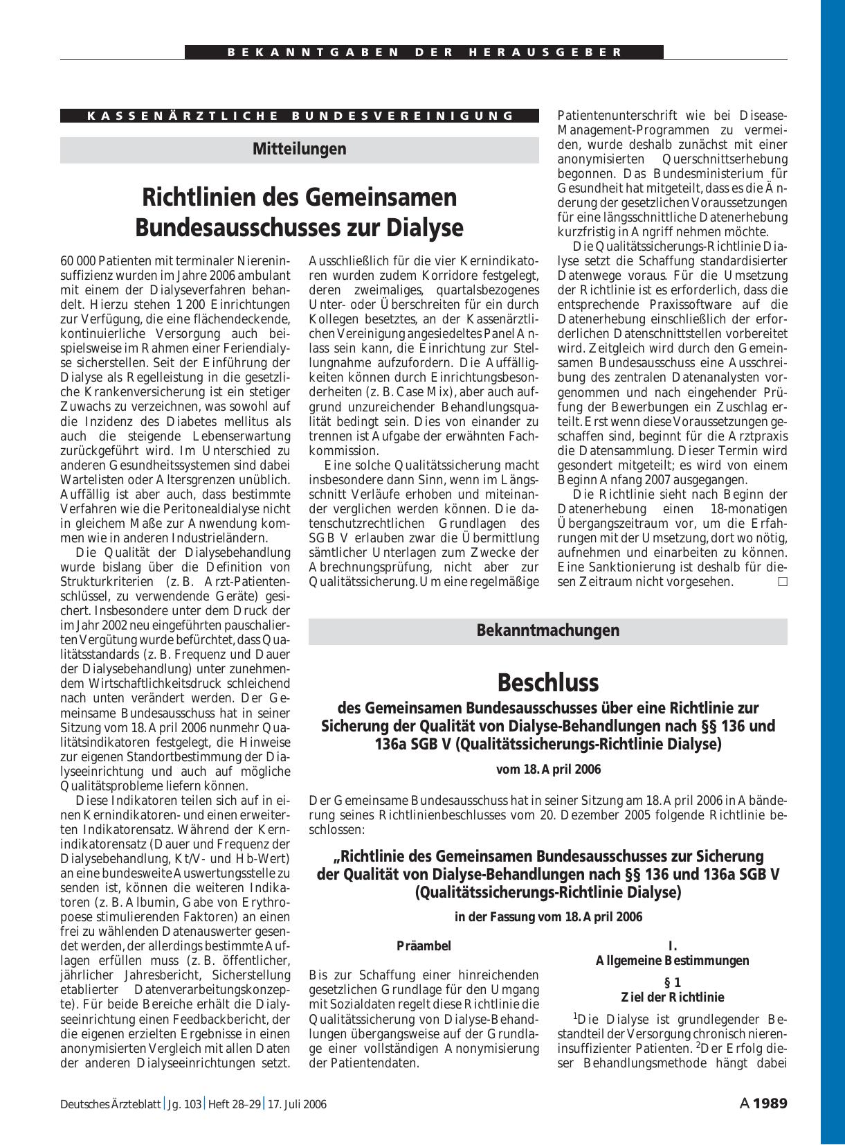 Vorschauseite 1: Mitteilungen: Richtlinien des Gemeinsamen Bundesausschusses zur Dialyse
