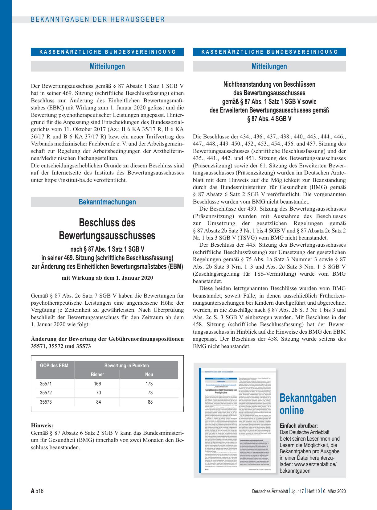 Vorschauseite 1: Beschluss des Bewertungsausschusses nach § 87 Abs. 1 Satz 1 SGB V in seiner 469. Sitzung (schriftliche Beschlussfassung) zur Änderung des Einheitlichen Bewertungsmaßstabes (EBM)