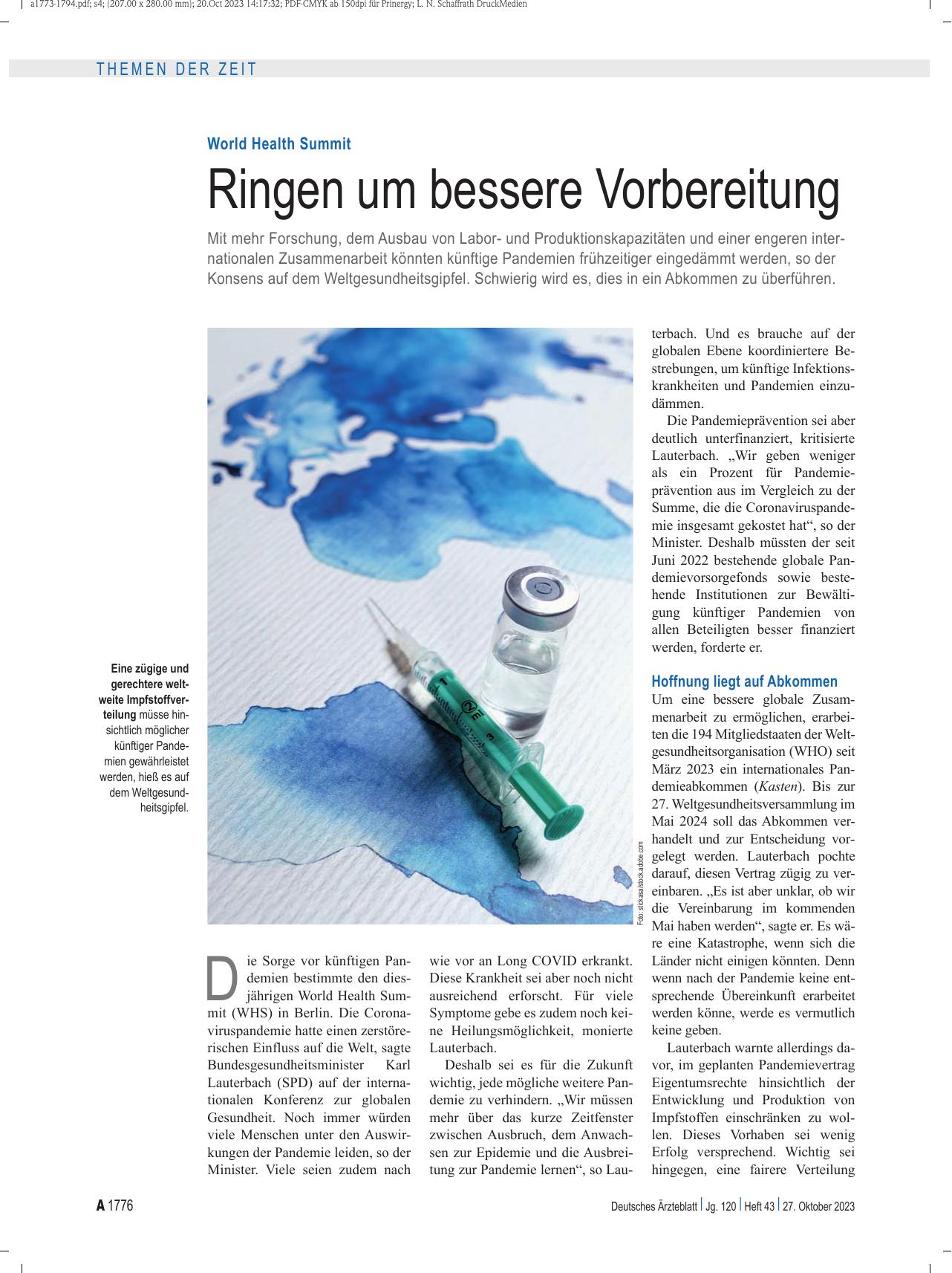 Vorschauseite 1: World Health Summit: Ringen um bessere Vorbereitung