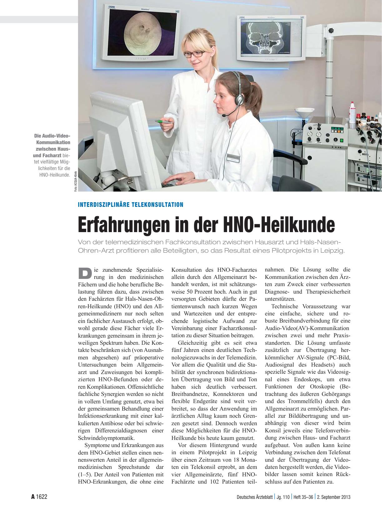 Vorschauseite 1: Interdisziplinäre Telekonsultation: Erfahrungen in der HNO-Heilkunde